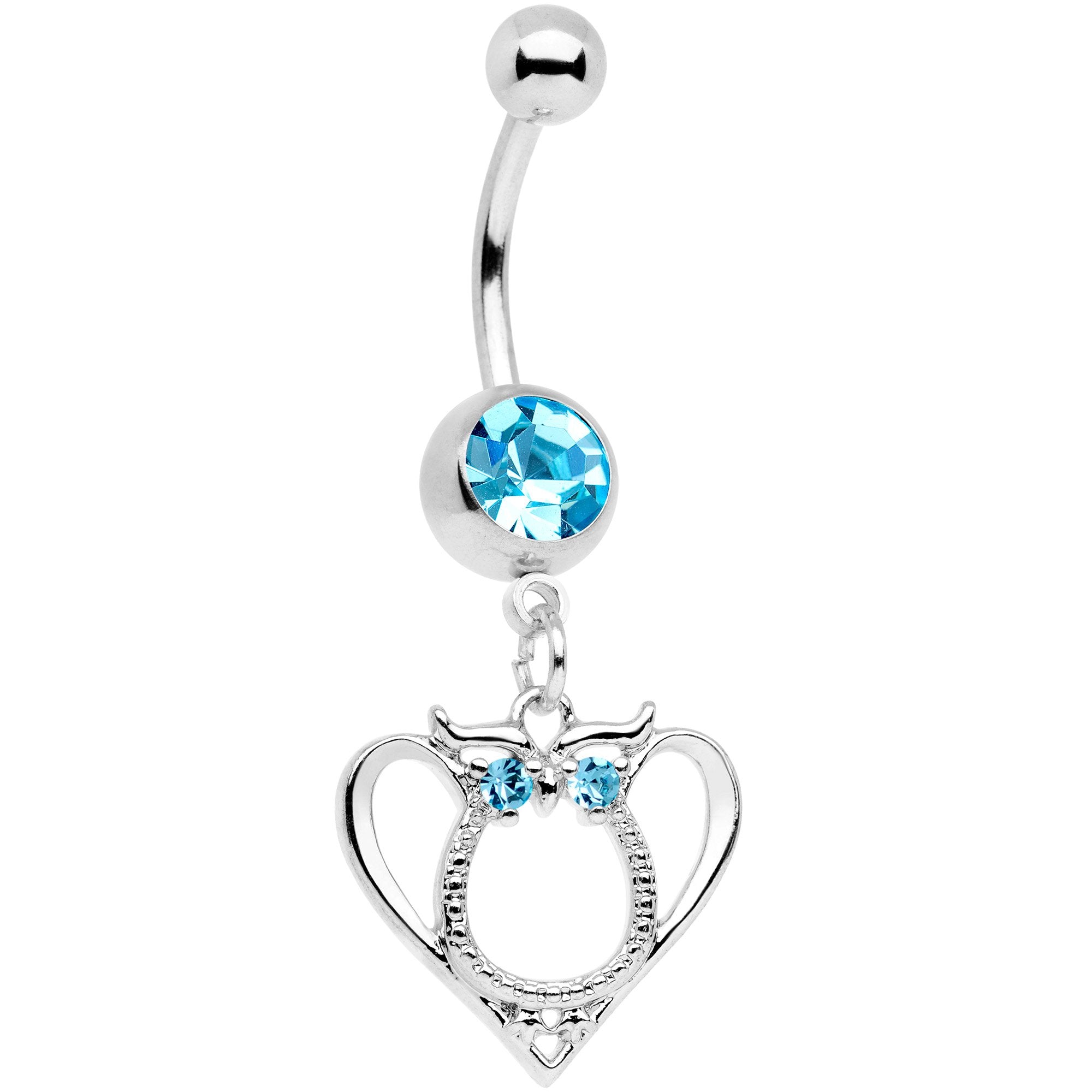 Aqua Gem Owl Valentines Day Heart Dangle Belly Ring - BodyCandy - Flyclothing LLC