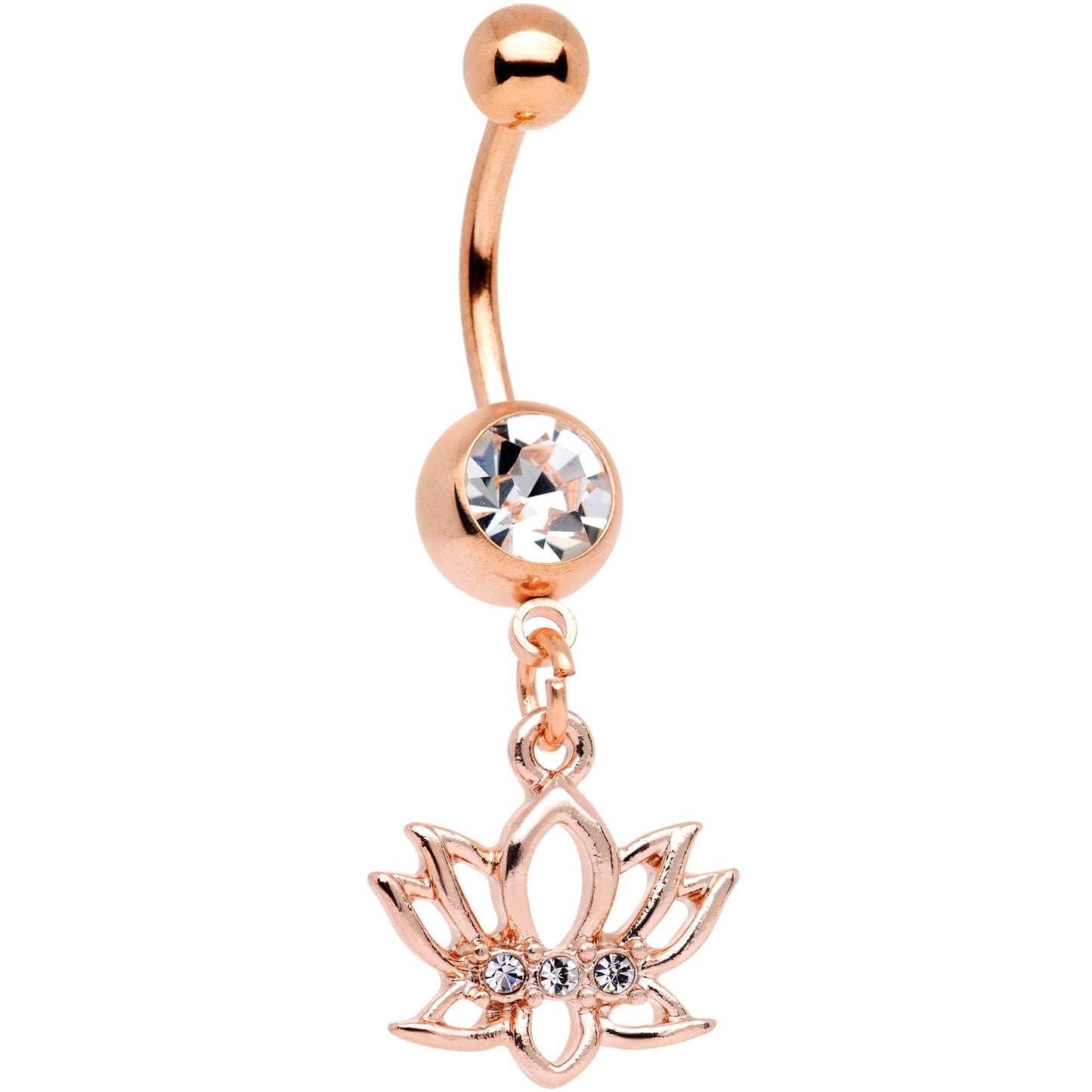Clear Gem Rose Gold Tone Live Love Lotus Flower Dangle Belly Ring - BodyCandy - Flyclothing LLC