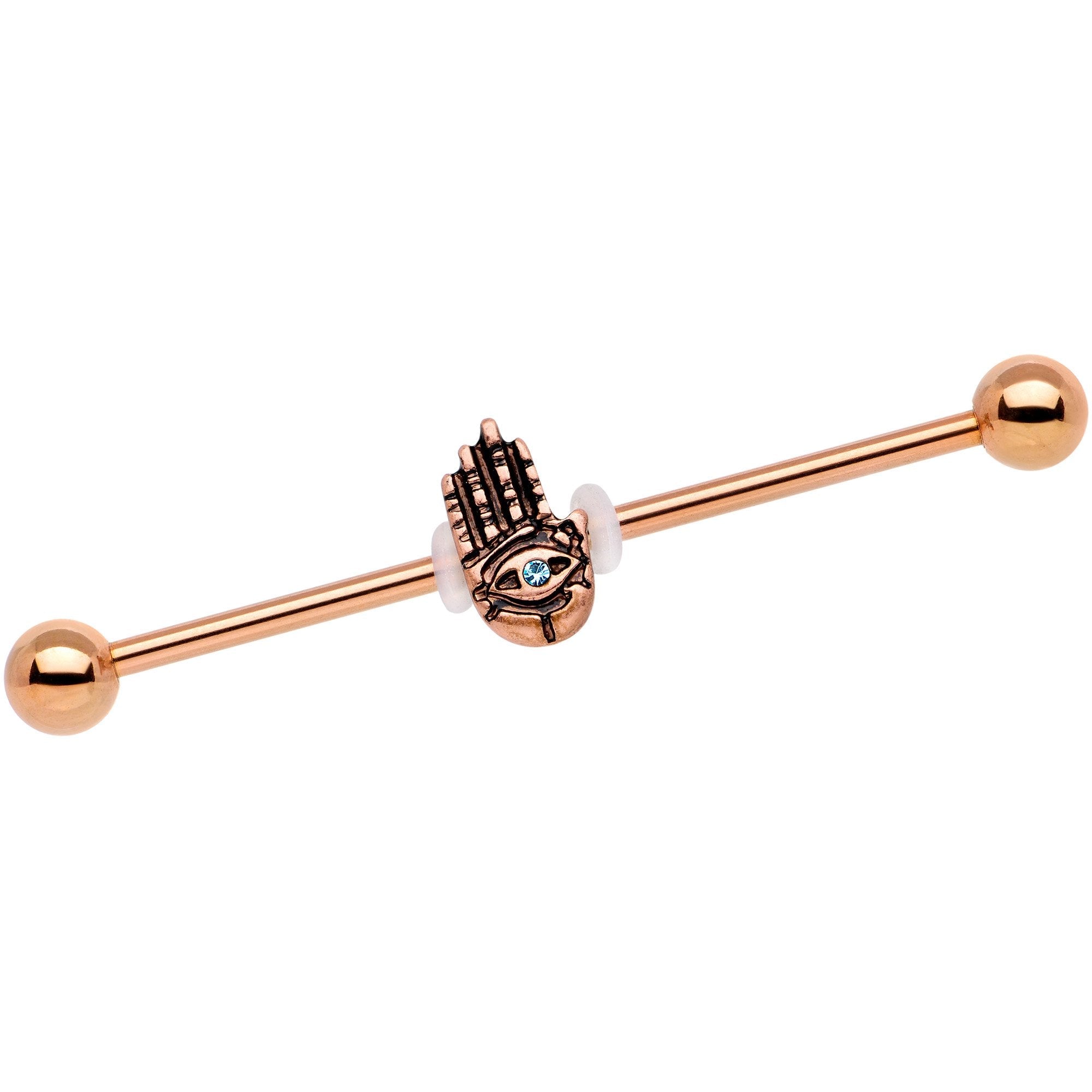 Aqua Gem Rose Gold Tone Hamsa Eye Industrial Barbell 38mm - BodyCandy - Flyclothing LLC