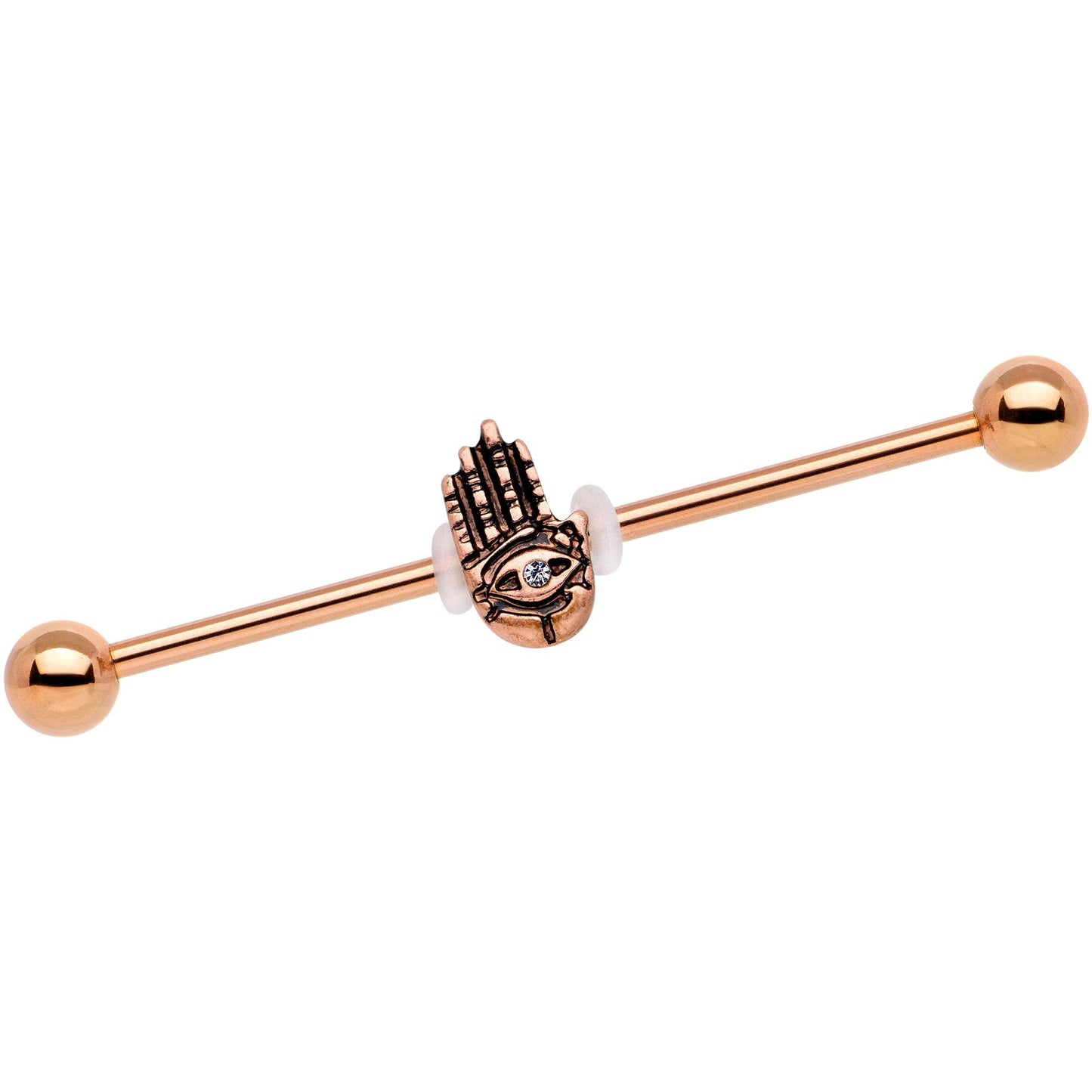 Clear Gem Rose Gold Tone Hamsa Eye Industrial Barbell 38mm - BodyCandy - Flyclothing LLC