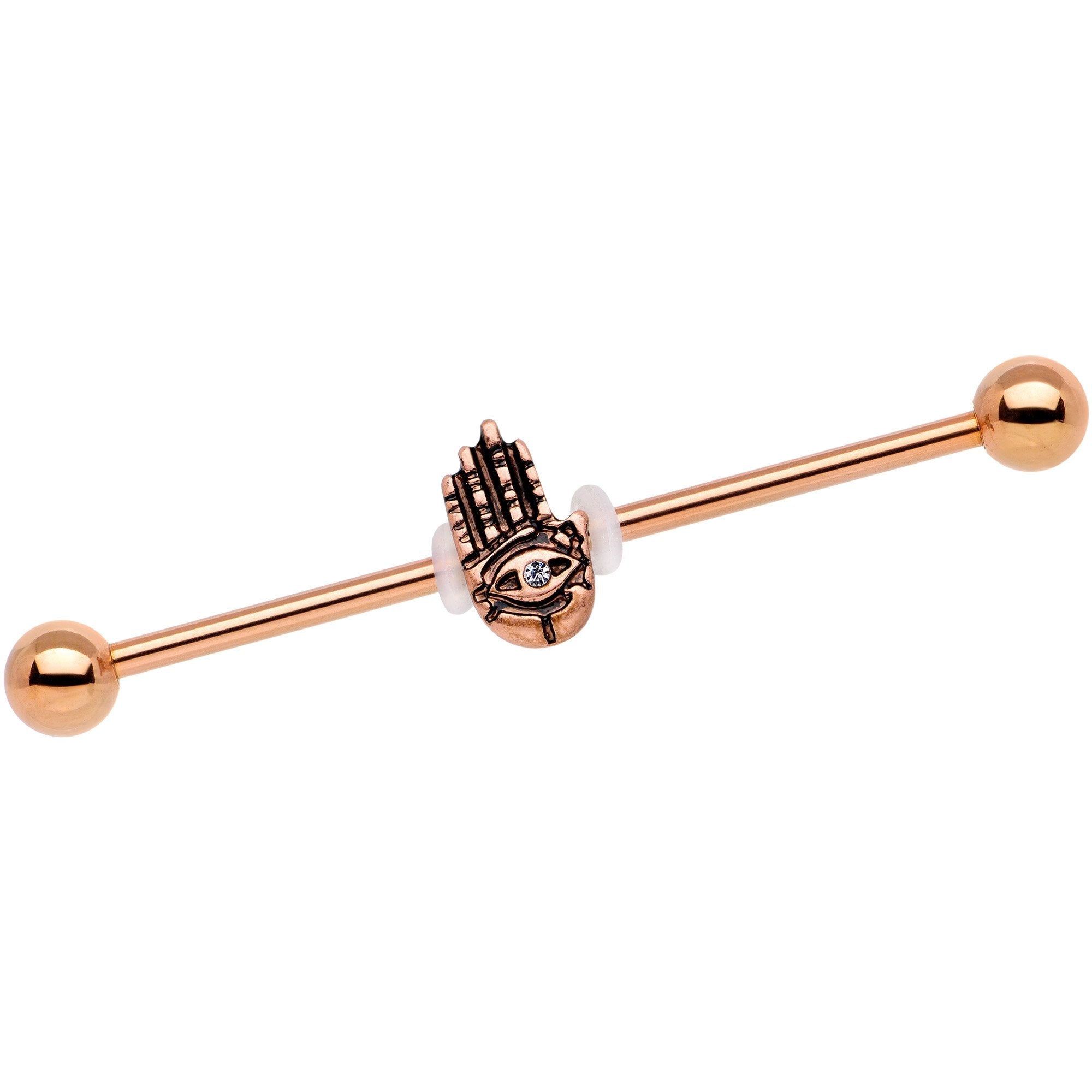Clear Gem Rose Gold Tone Hamsa Eye Industrial Barbell 38mm - BodyCandy - Flyclothing LLC