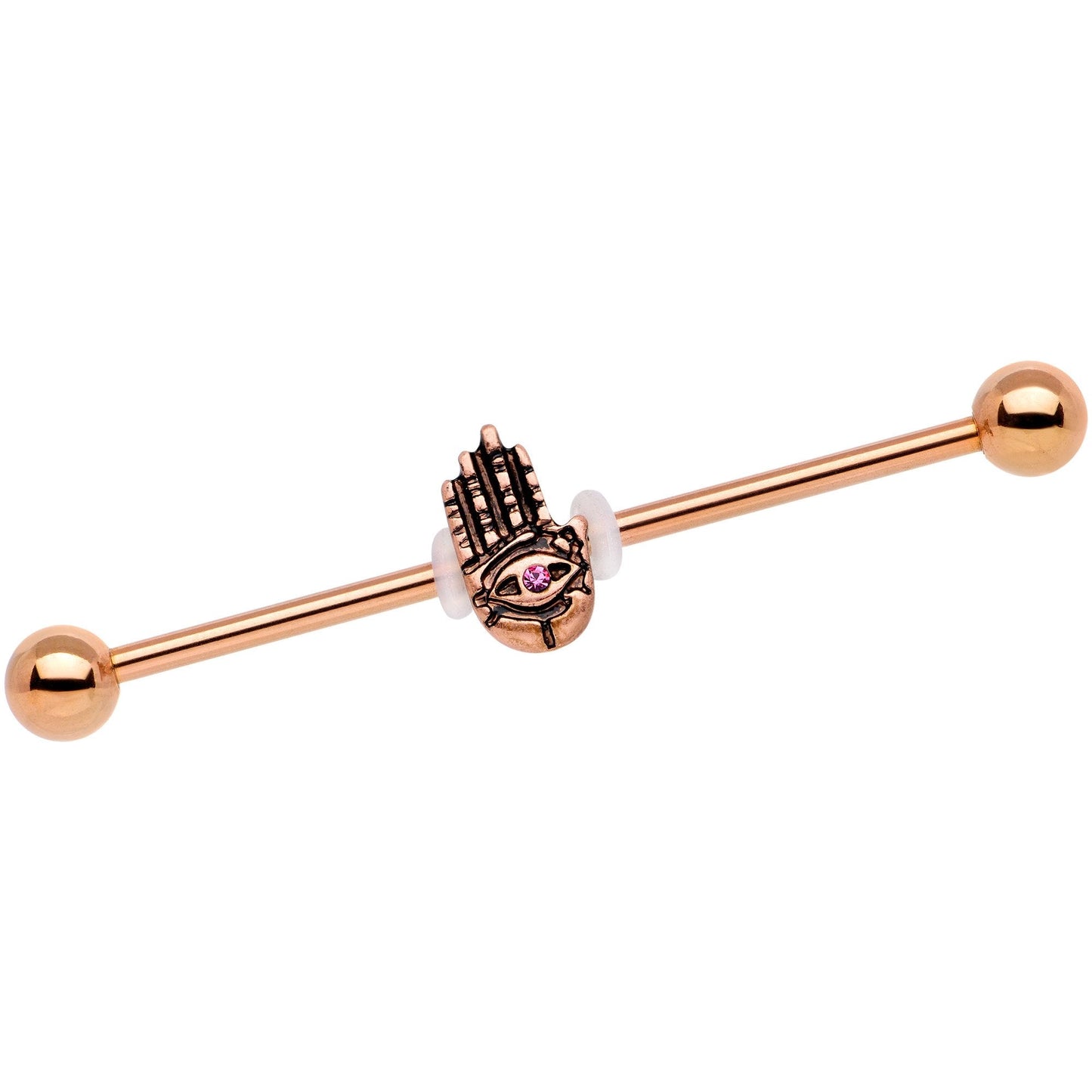 Pink Gem Rose Gold Tone Hamsa Eye Industrial Barbell 38mm - BodyCandy - Flyclothing LLC