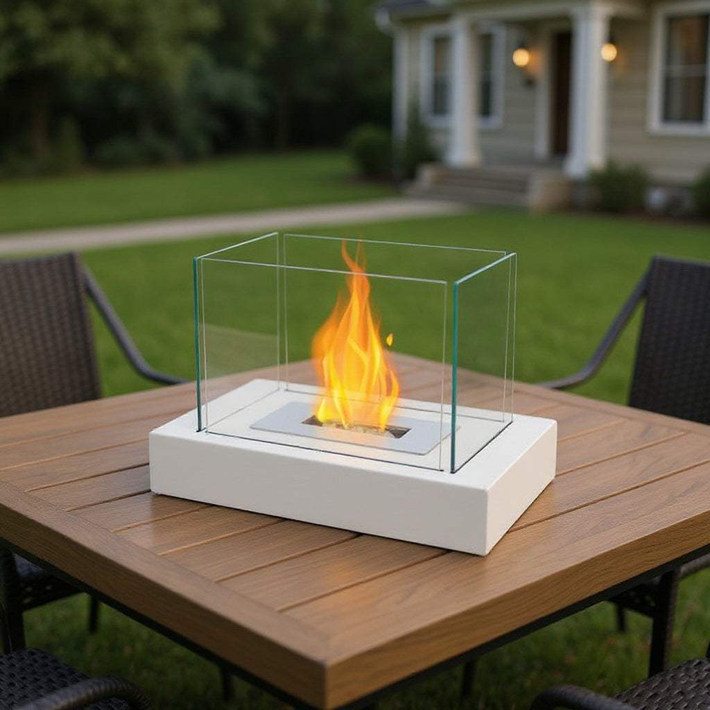 14" White And Clear Metal And Glass BioEthanol Portable Tabletop Firepit - HomeRoots - Flyclothing LLC