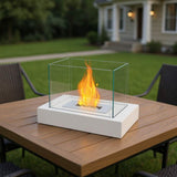 14" White And Clear Metal And Glass BioEthanol Portable Tabletop Firepit - HomeRoots - Flyclothing LLC