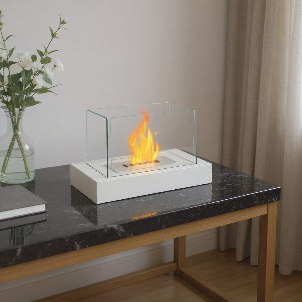 14" White And Clear Metal And Glass BioEthanol Portable Tabletop Firepit - HomeRoots - Flyclothing LLC