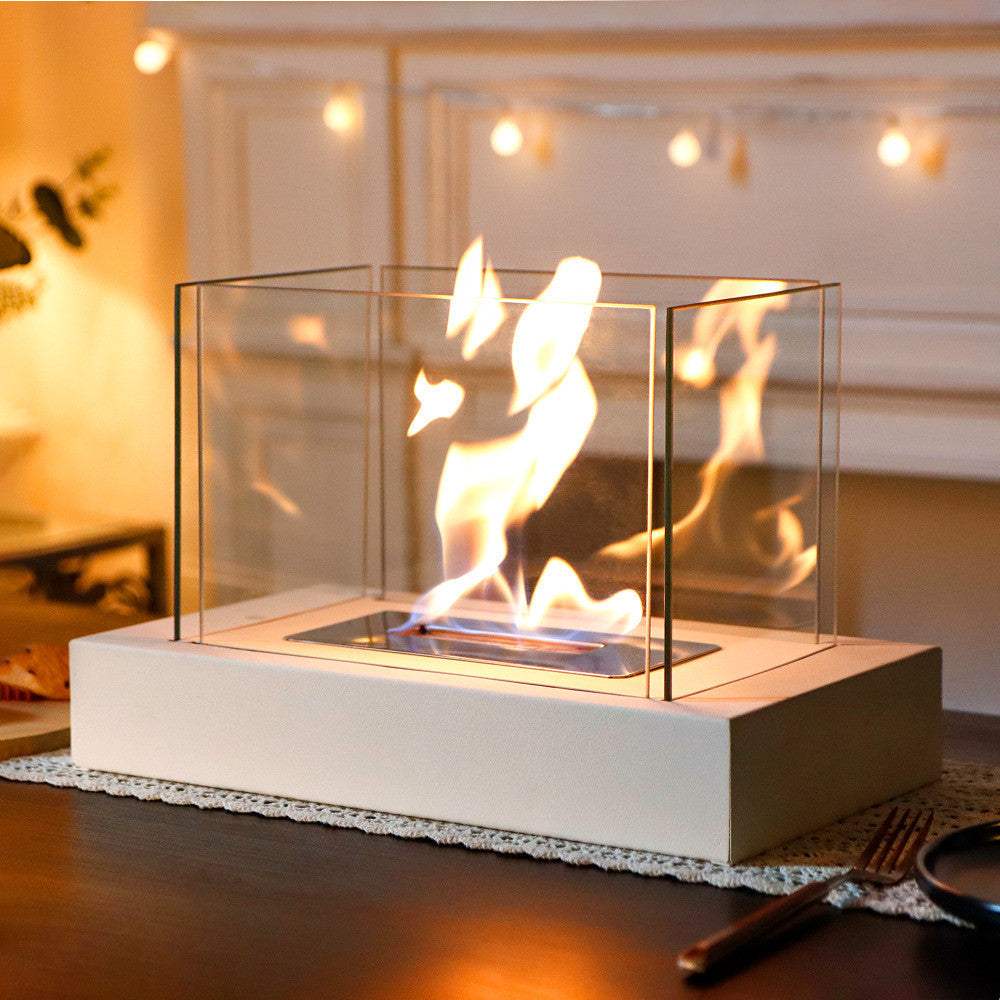 14" White And Clear Metal And Glass BioEthanol Portable Tabletop Firepit - HomeRoots - Flyclothing LLC