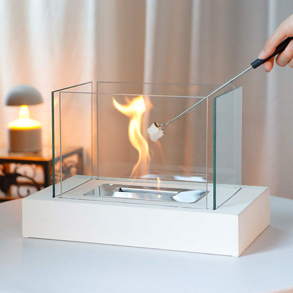 14" White And Clear Metal And Glass BioEthanol Portable Tabletop Firepit - HomeRoots - Flyclothing LLC