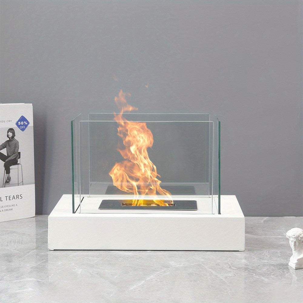 14" White And Clear Metal And Glass BioEthanol Portable Tabletop Firepit - HomeRoots - Flyclothing LLC