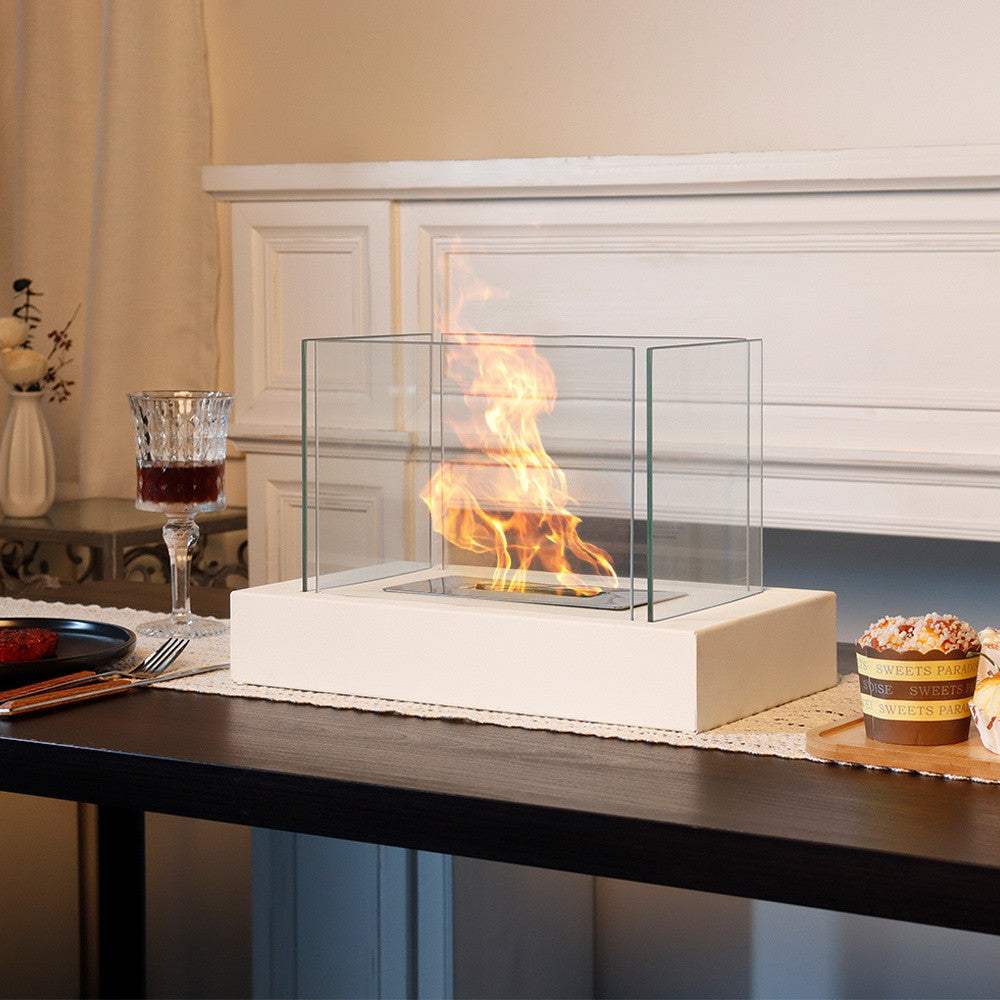 14" White And Clear Metal And Glass BioEthanol Portable Tabletop Firepit - HomeRoots - Flyclothing LLC