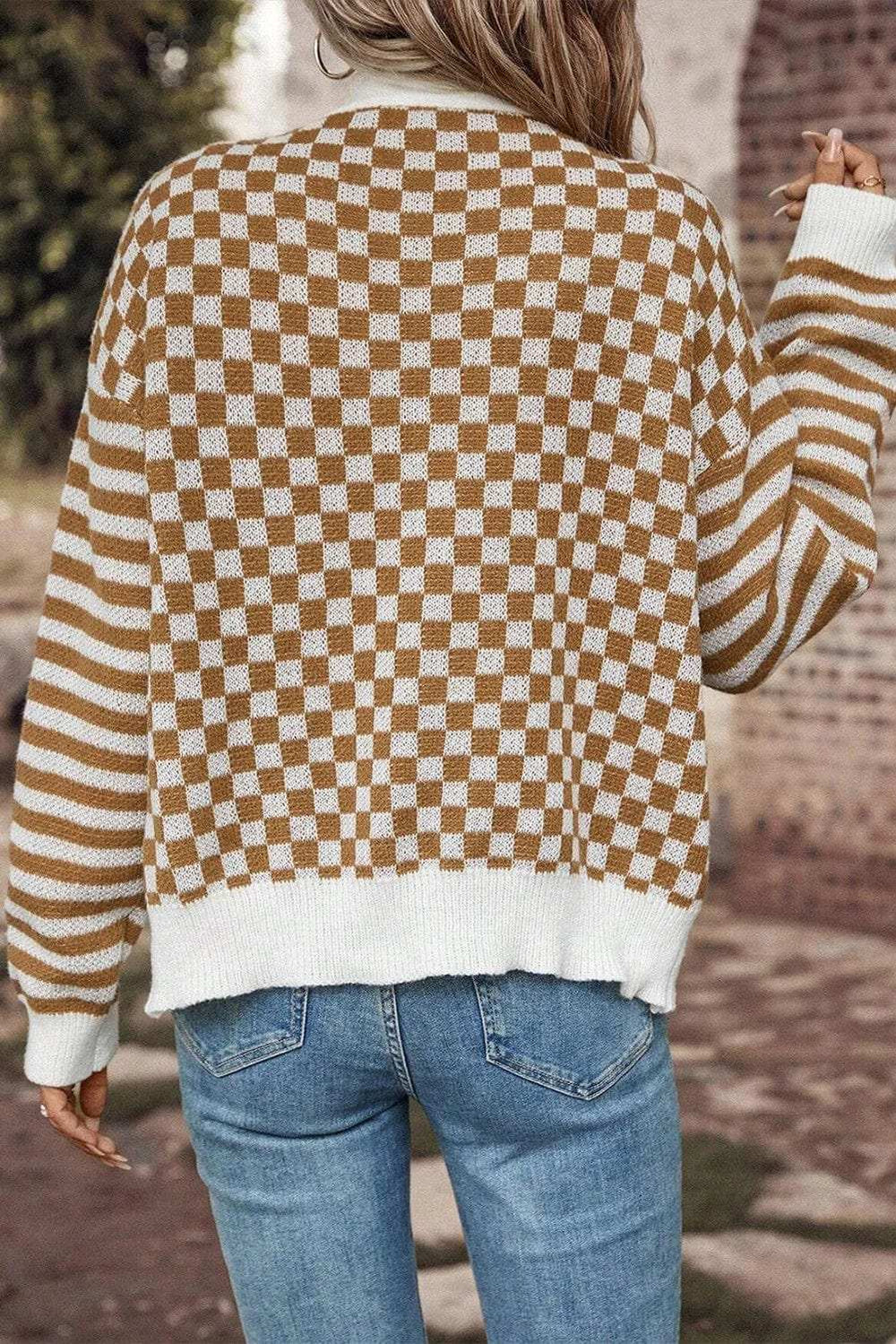 Checkered V-Neck Long Sleeve Cardigan - Trendsi - Flyclothing LLC