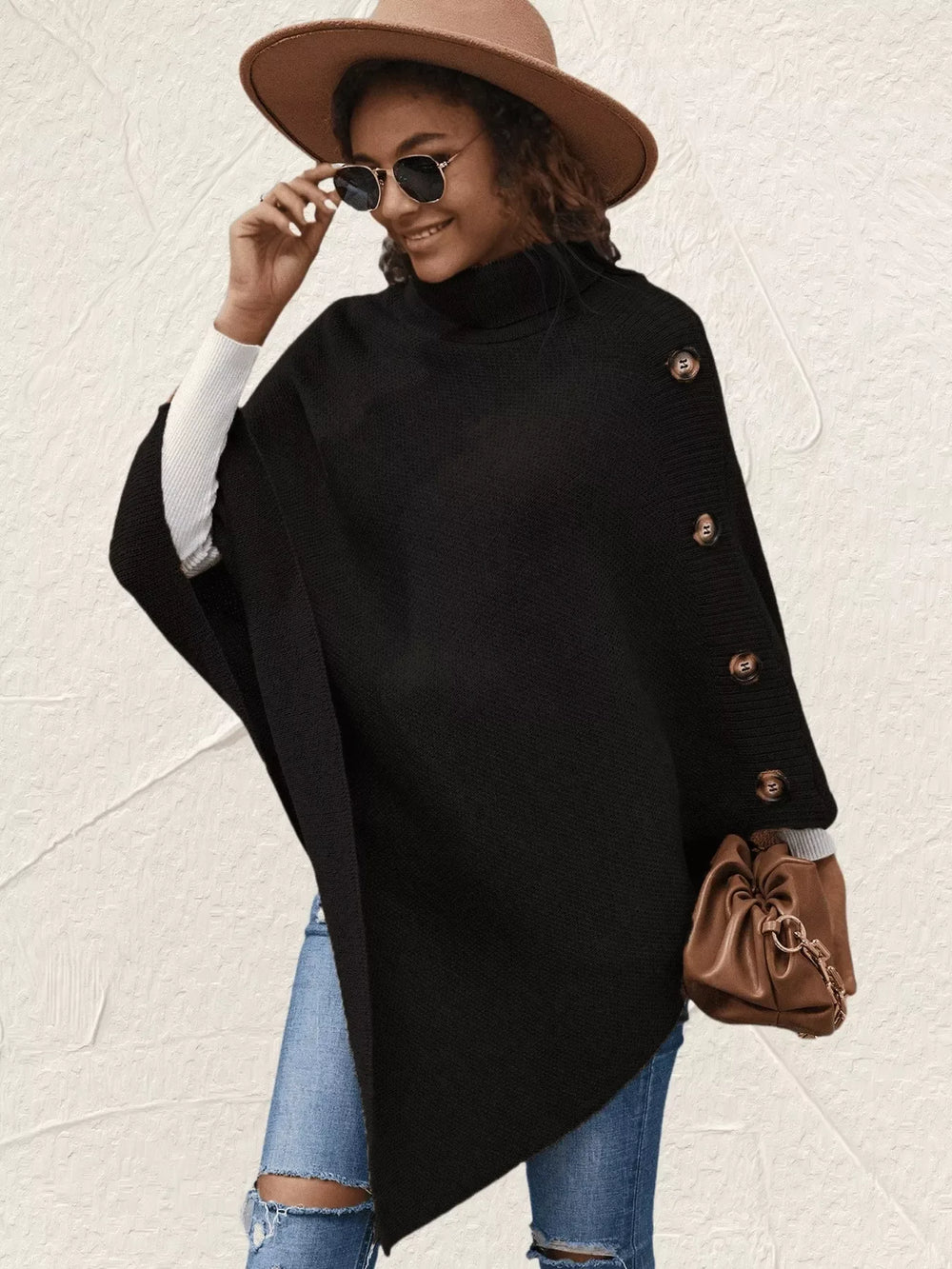 Button-Decor Turtleneck Poncho Pullover - Trendsi - Flyclothing LLC