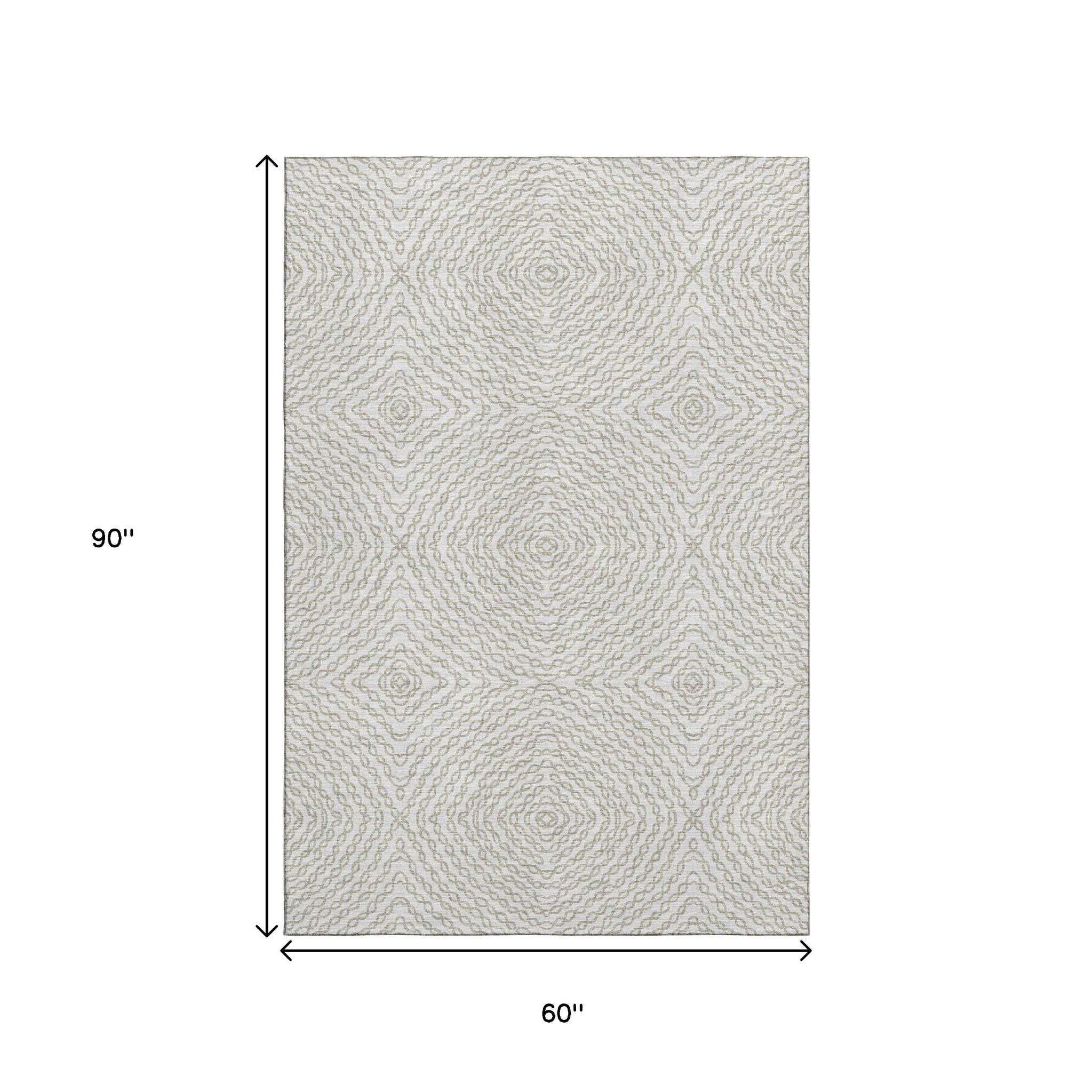 5' X 8' Linen And Ivory Geometric Washable Area Rug With UV Protection - HomeRoots - Flyclothing LLC