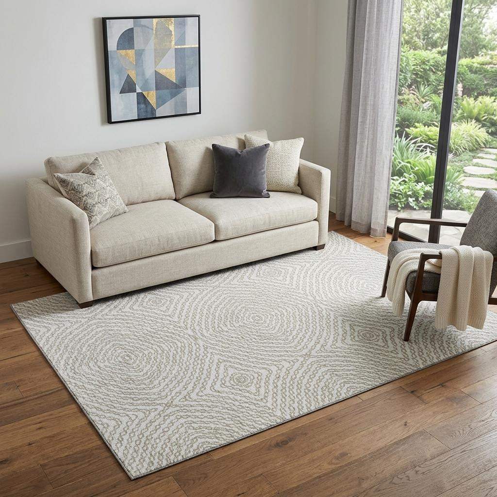 5' X 8' Linen And Ivory Geometric Washable Area Rug With UV Protection - HomeRoots - Flyclothing LLC