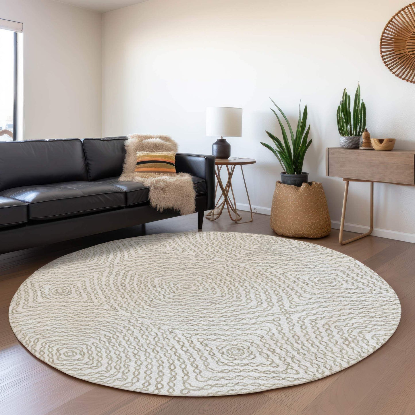 8' Linen And Ivory Geometric Washable Round Rug With UV Protection - HomeRoots - Flyclothing LLC