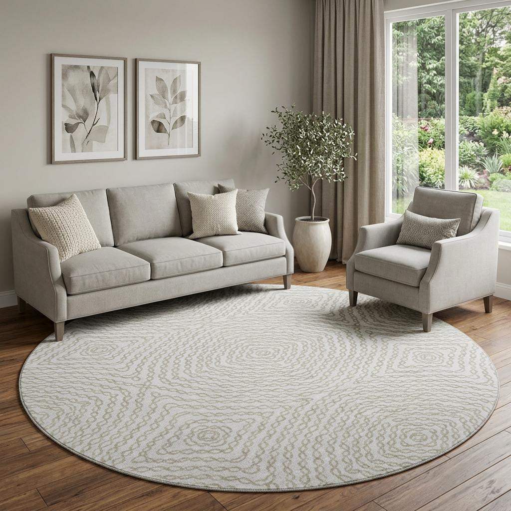 8' Linen And Ivory Geometric Washable Round Rug With UV Protection - HomeRoots - Flyclothing LLC