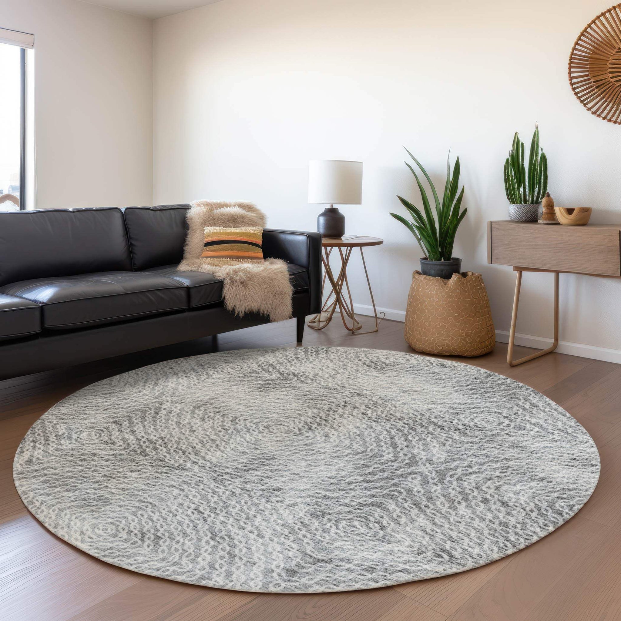 8' Ash Gray And Charcoal Geometric Washable Round Rug With UV Protection - HomeRoots - Flyclothing LLC