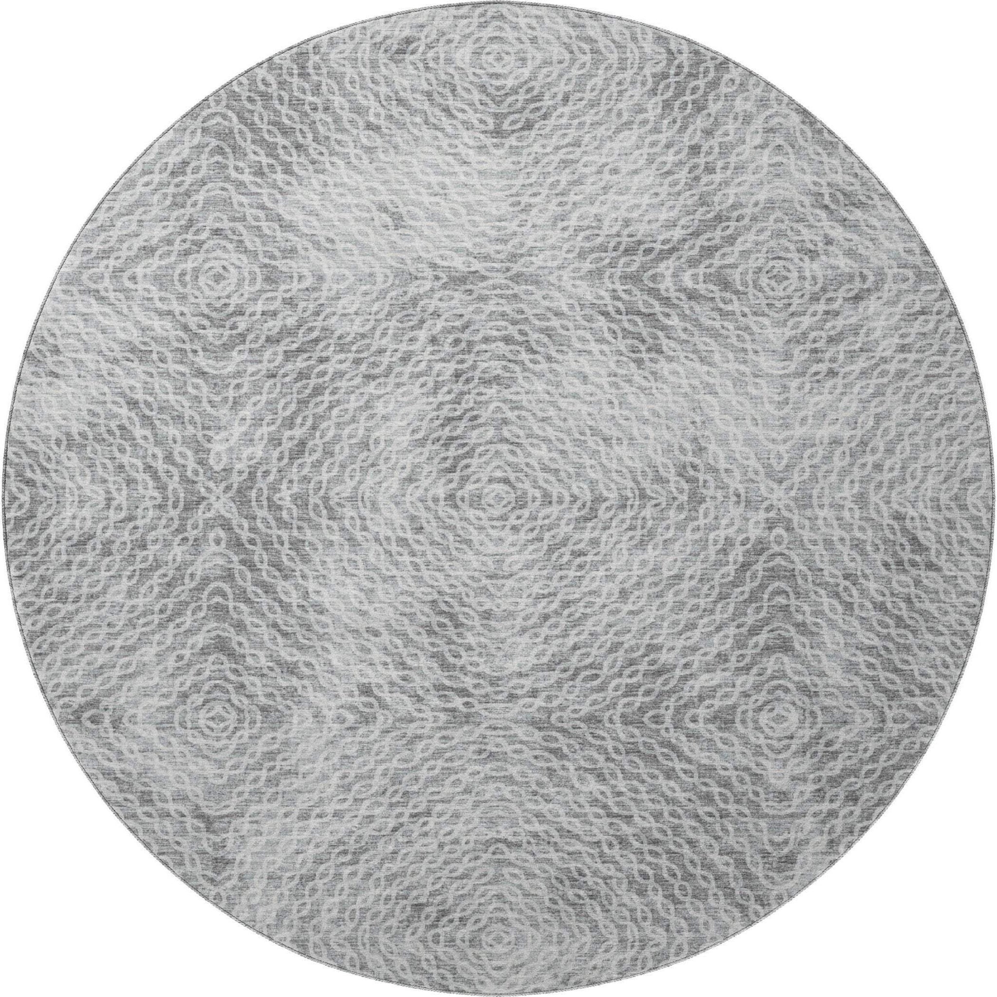 8' Ash Gray And Charcoal Geometric Washable Round Rug With UV Protection - HomeRoots - Flyclothing LLC