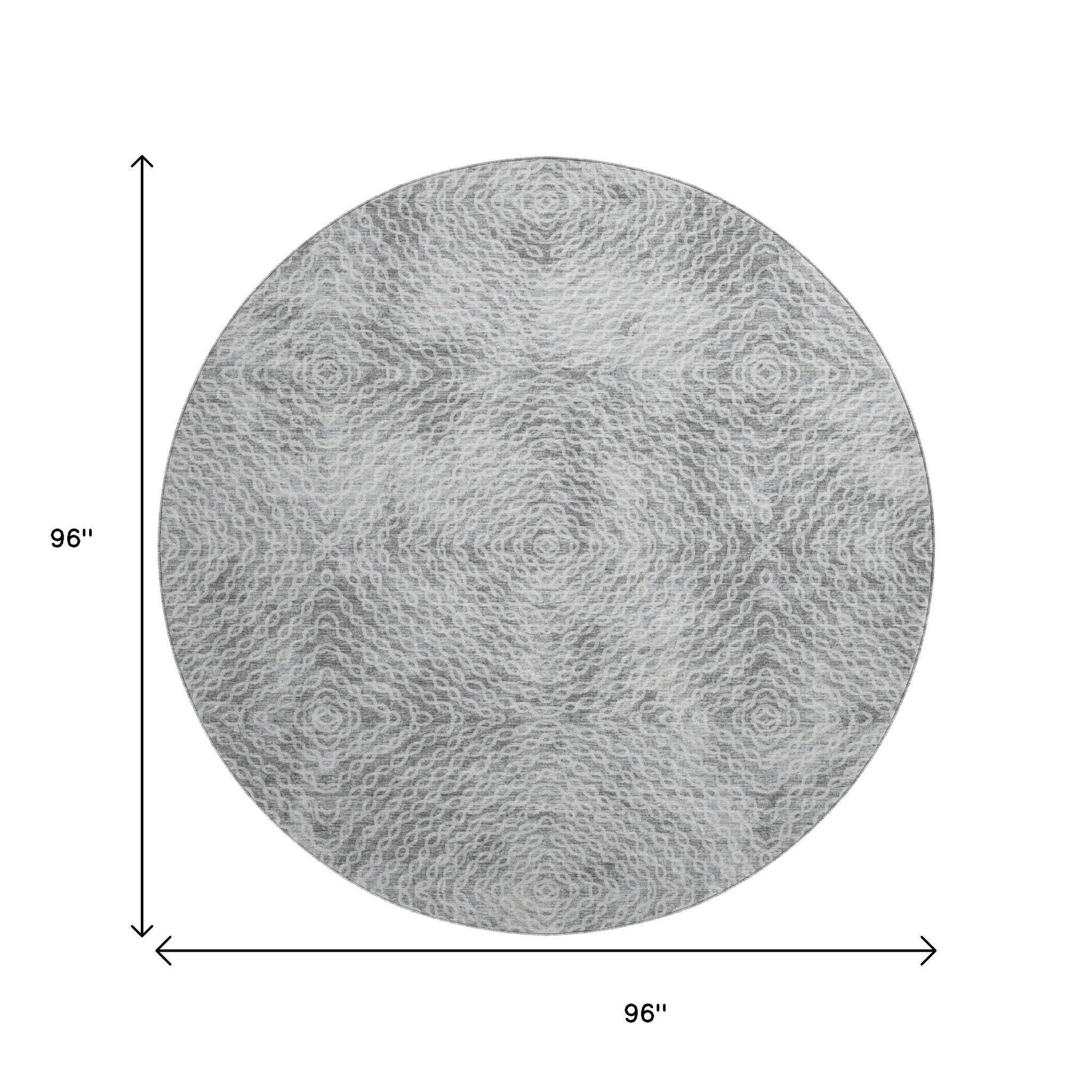 8' Ash Gray And Charcoal Geometric Washable Round Rug With UV Protection - HomeRoots - Flyclothing LLC