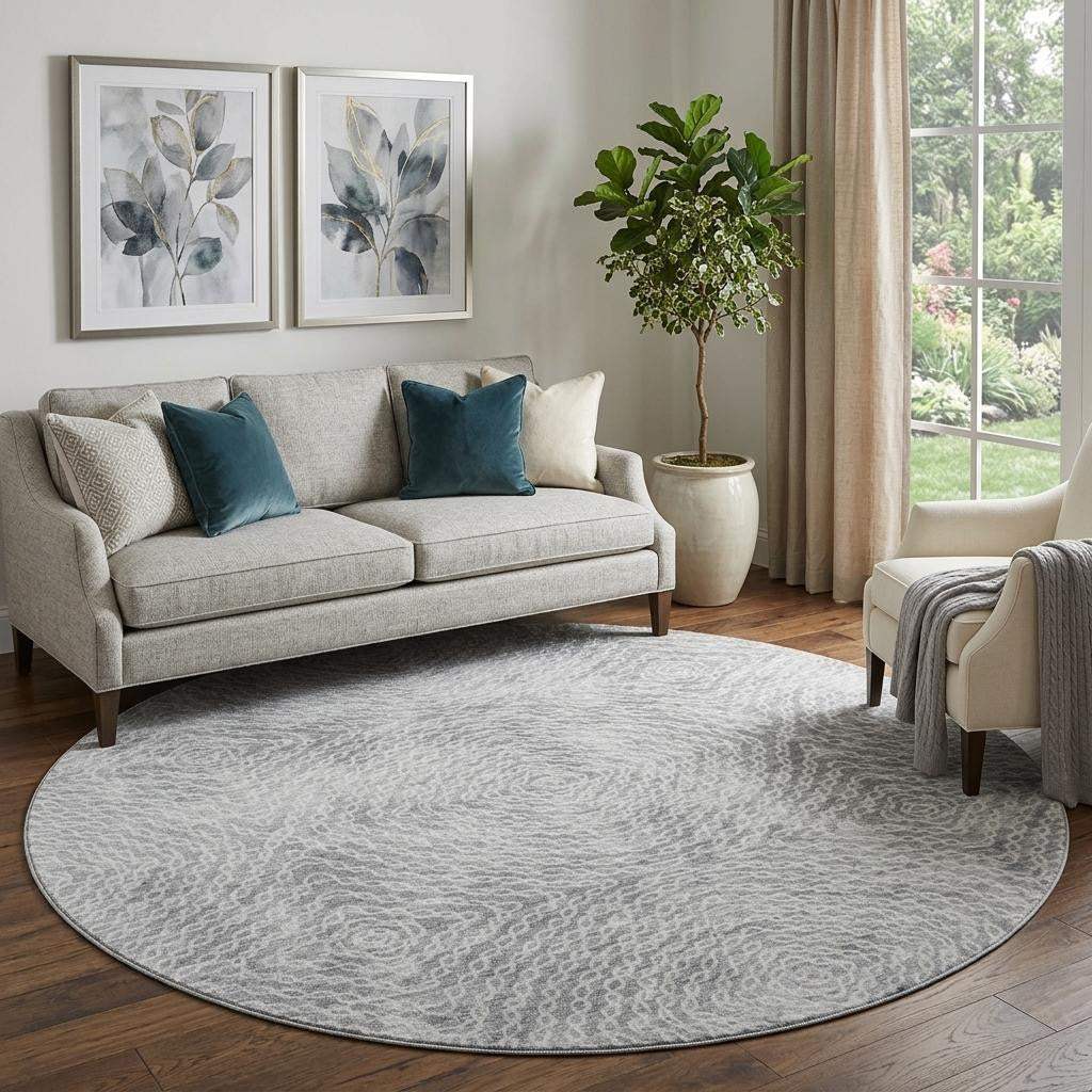 8' Ash Gray And Charcoal Geometric Washable Round Rug With UV Protection - HomeRoots - Flyclothing LLC