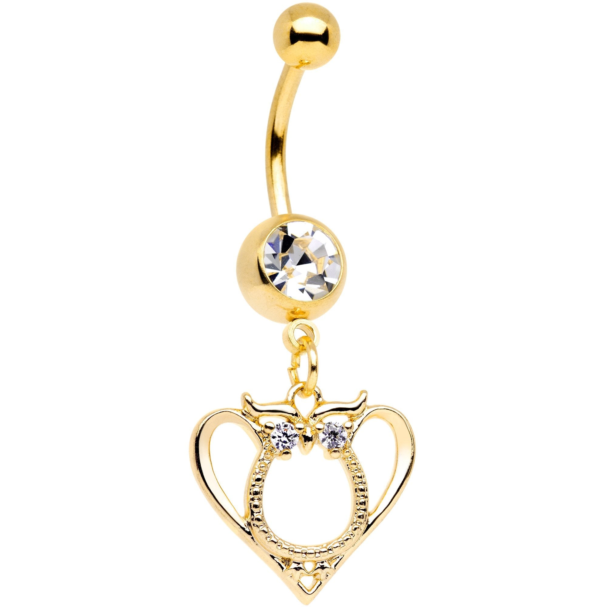 Clear Gem Gold Tone Anodized Owl Heart Dangle Belly Ring - BodyCandy - Flyclothing LLC