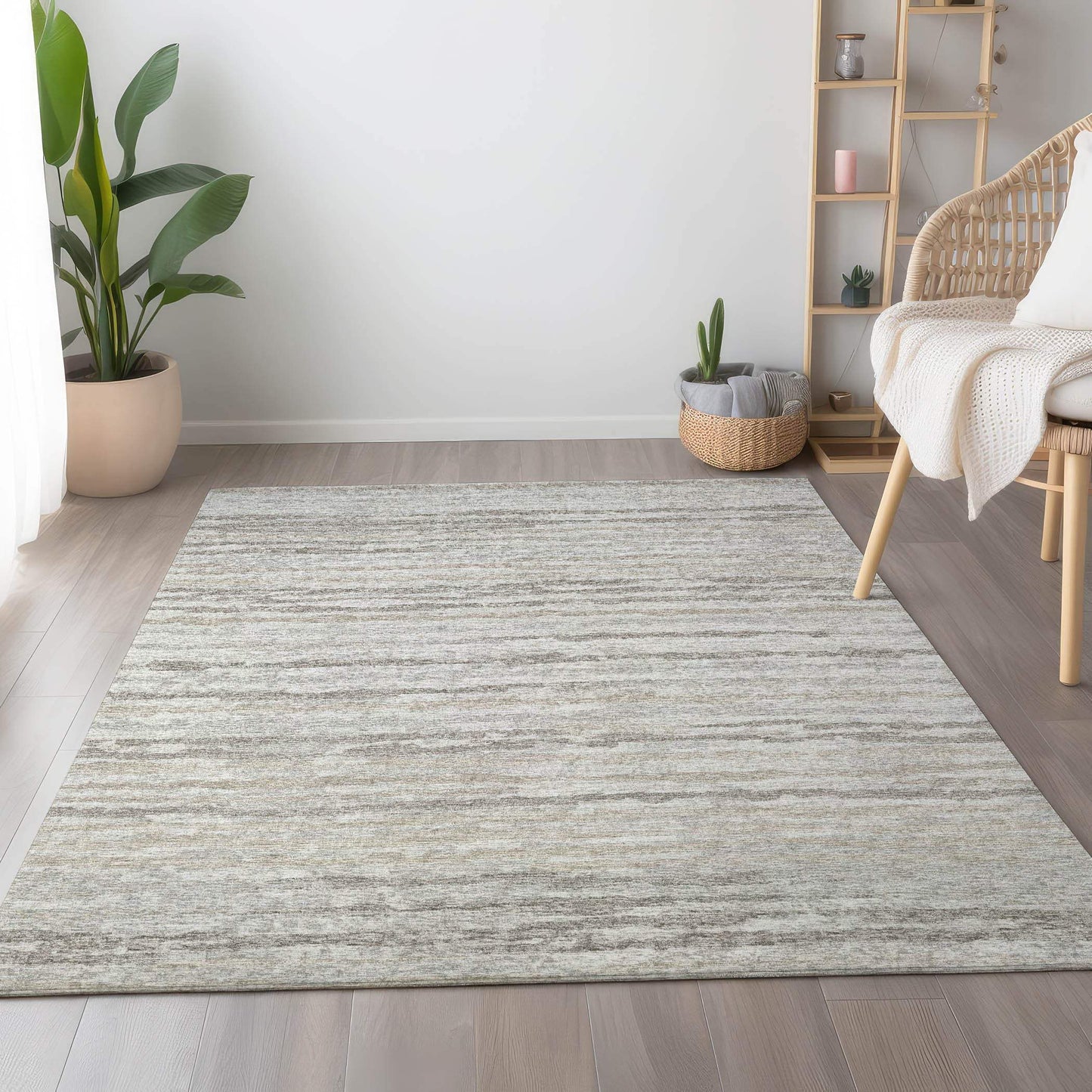 5' X 8' Khaki And Ivory Striped Washable Area Rug With UV Protection - HomeRoots - Flyclothing LLC