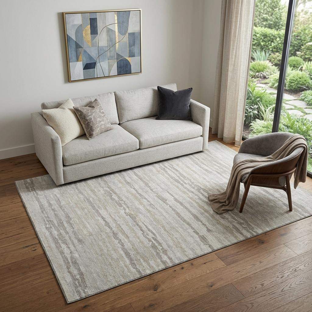 5' X 8' Khaki And Ivory Striped Washable Area Rug With UV Protection - HomeRoots - Flyclothing LLC