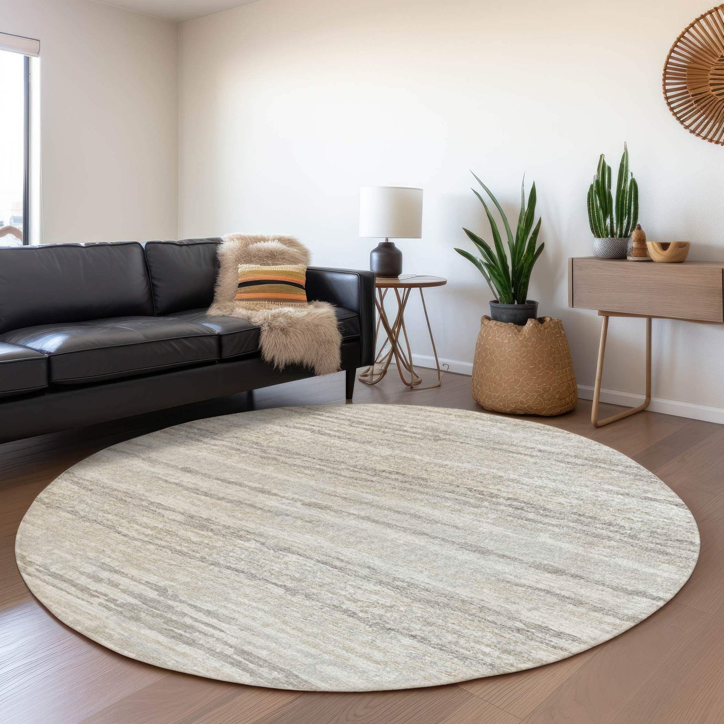 8' Khaki And Ivory Striped Washable Round Rug With UV Protection - HomeRoots - Flyclothing LLC