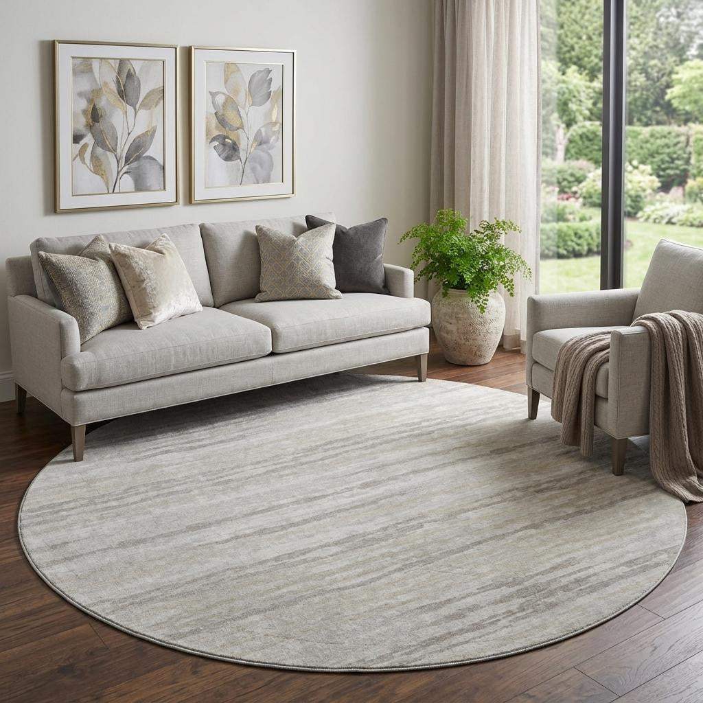 8' Khaki And Ivory Striped Washable Round Rug With UV Protection - HomeRoots - Flyclothing LLC