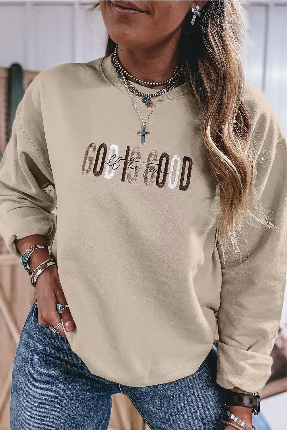God Is Good Letter Graphic Crew Neck Sweatshirt - Trendsi - Flyclothing LLC