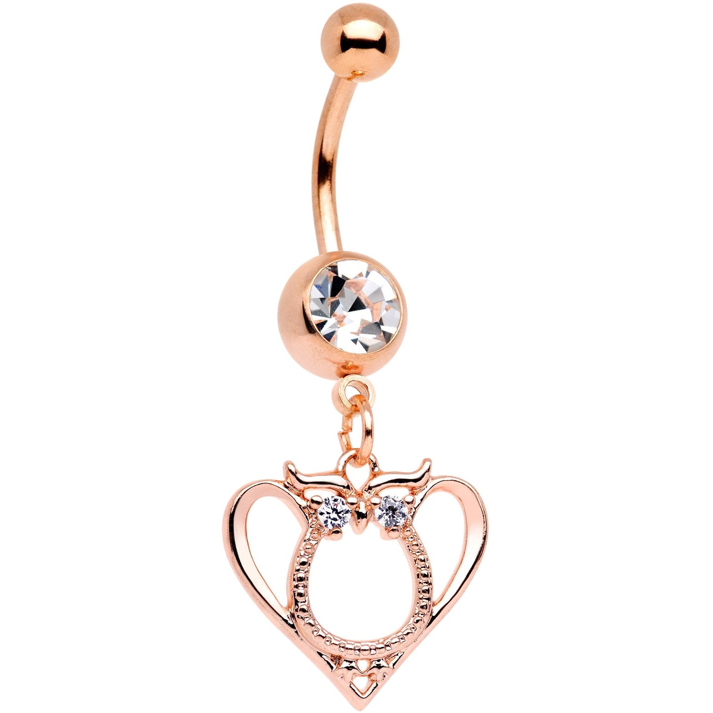 Clear Gem Rose Gold Tone Anodized Owl Heart Dangle Belly Ring - BodyCandy - Flyclothing LLC