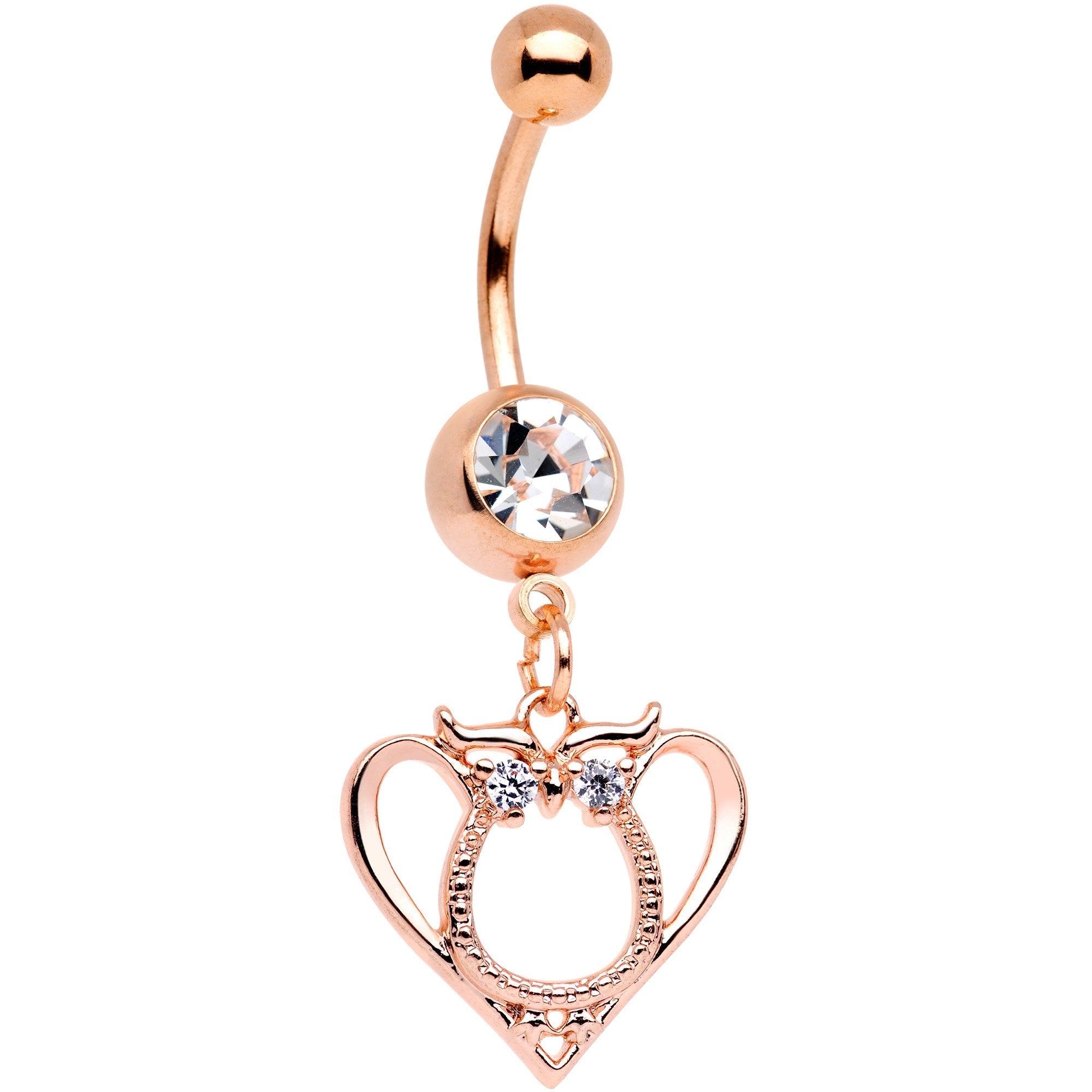 Clear Gem Rose Gold Tone Anodized Owl Heart Dangle Belly Ring - BodyCandy - Flyclothing LLC
