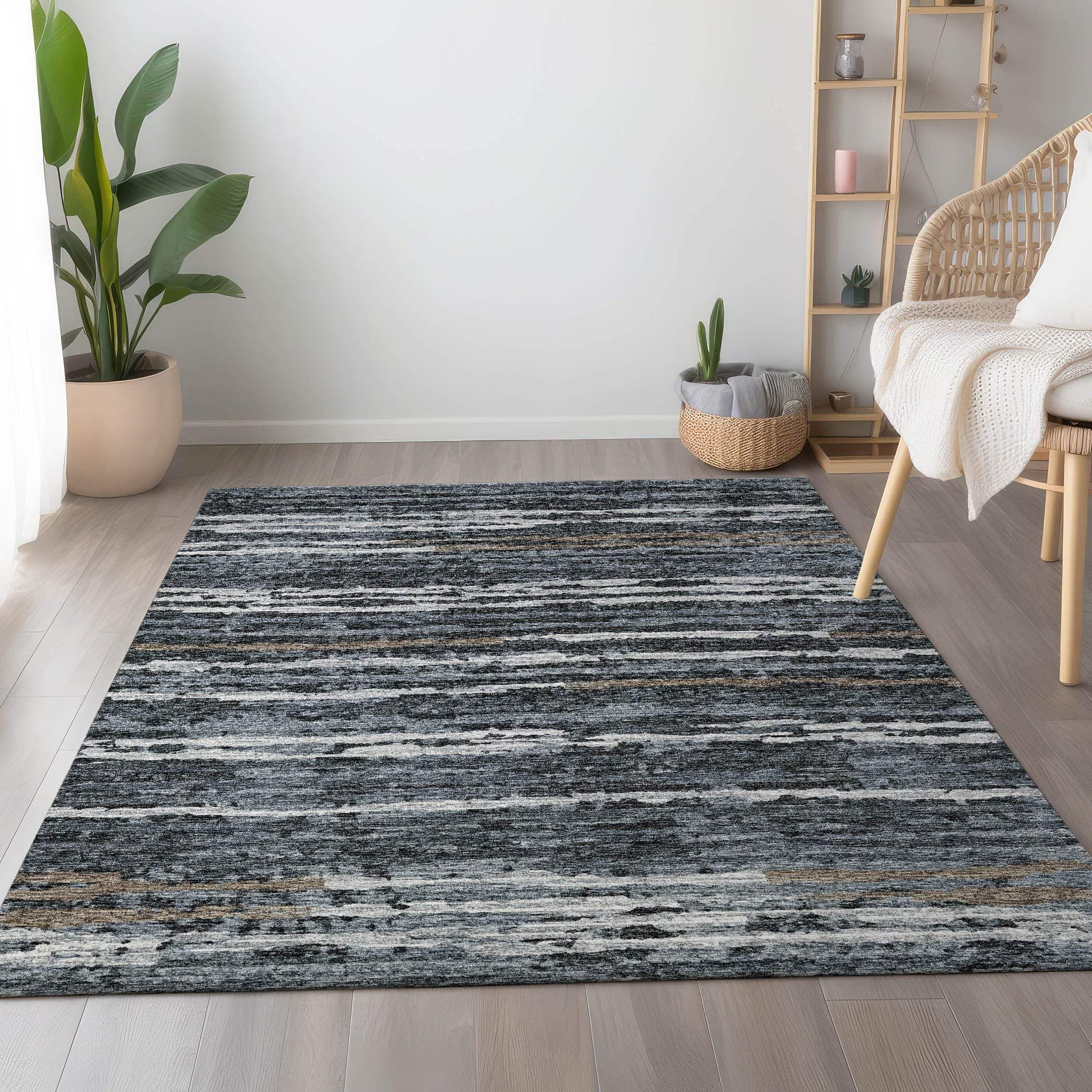10' X 14' Graphite And Ivory Striped Distressed Washable Area Rug With UV Protection - HomeRoots - Flyclothing LLC