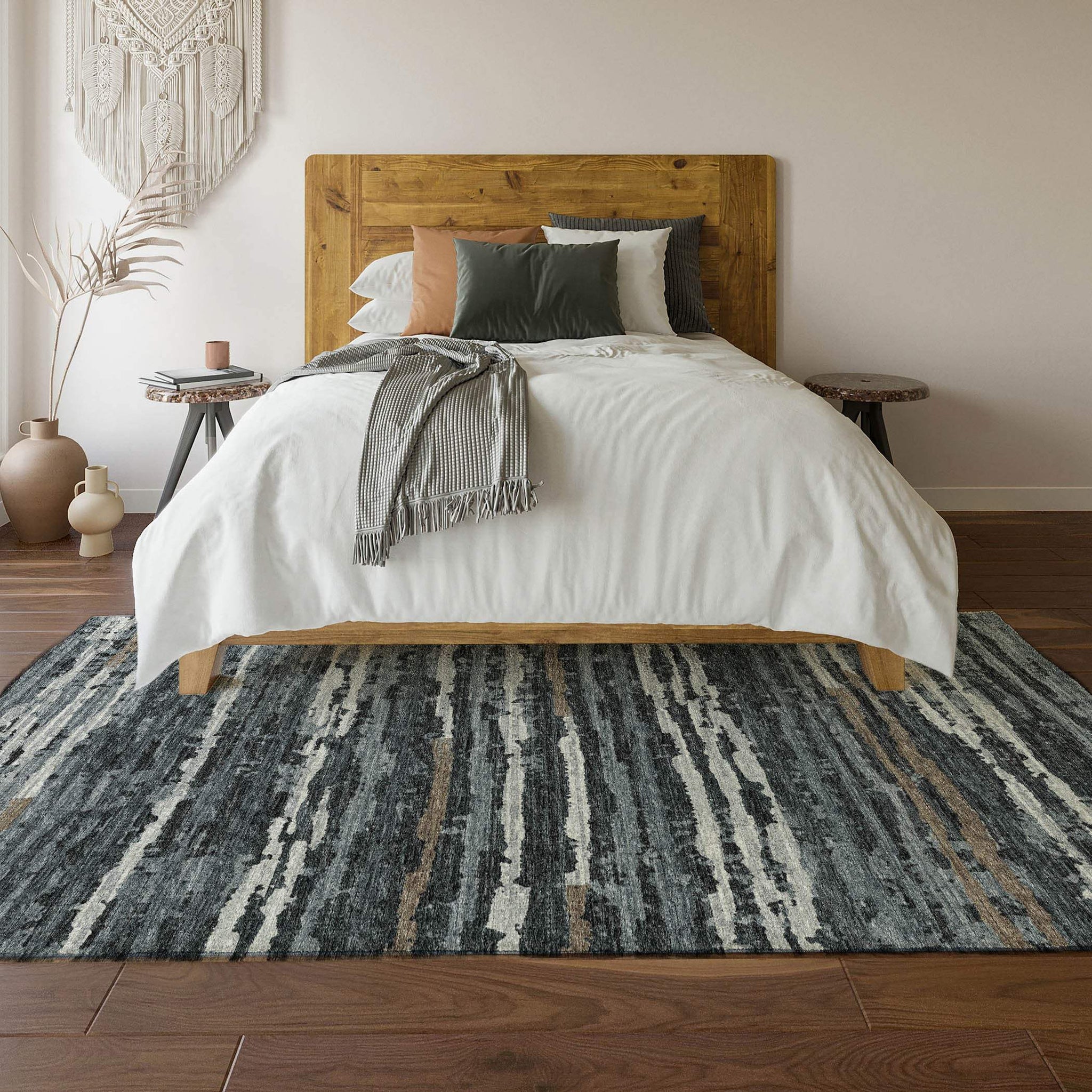 10' X 14' Graphite And Ivory Striped Distressed Washable Area Rug With UV Protection - HomeRoots - Flyclothing LLC