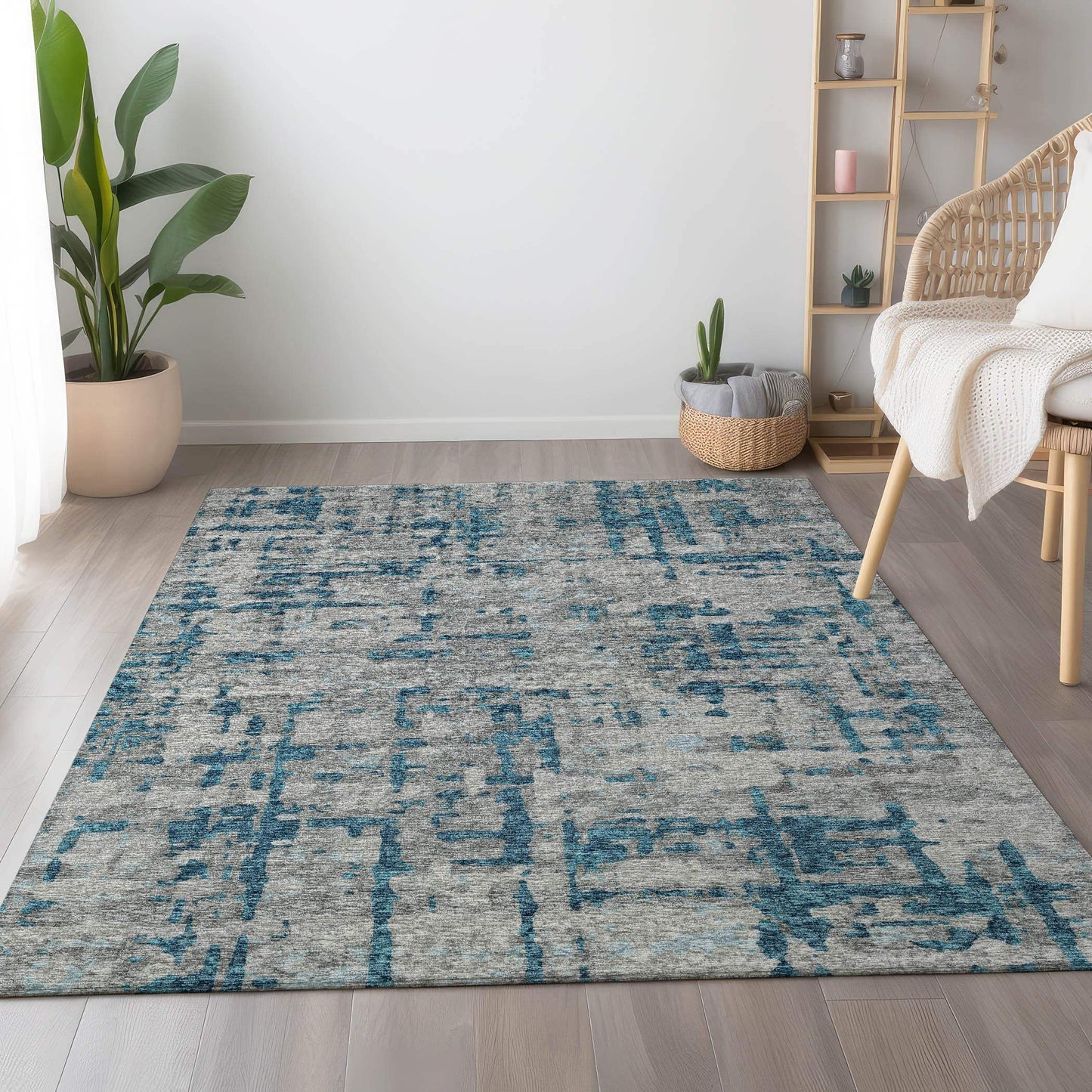 10' X 14' Persian Blue And Gray Abstract Distressed Washable Area Rug With UV Protection - HomeRoots - Flyclothing LLC