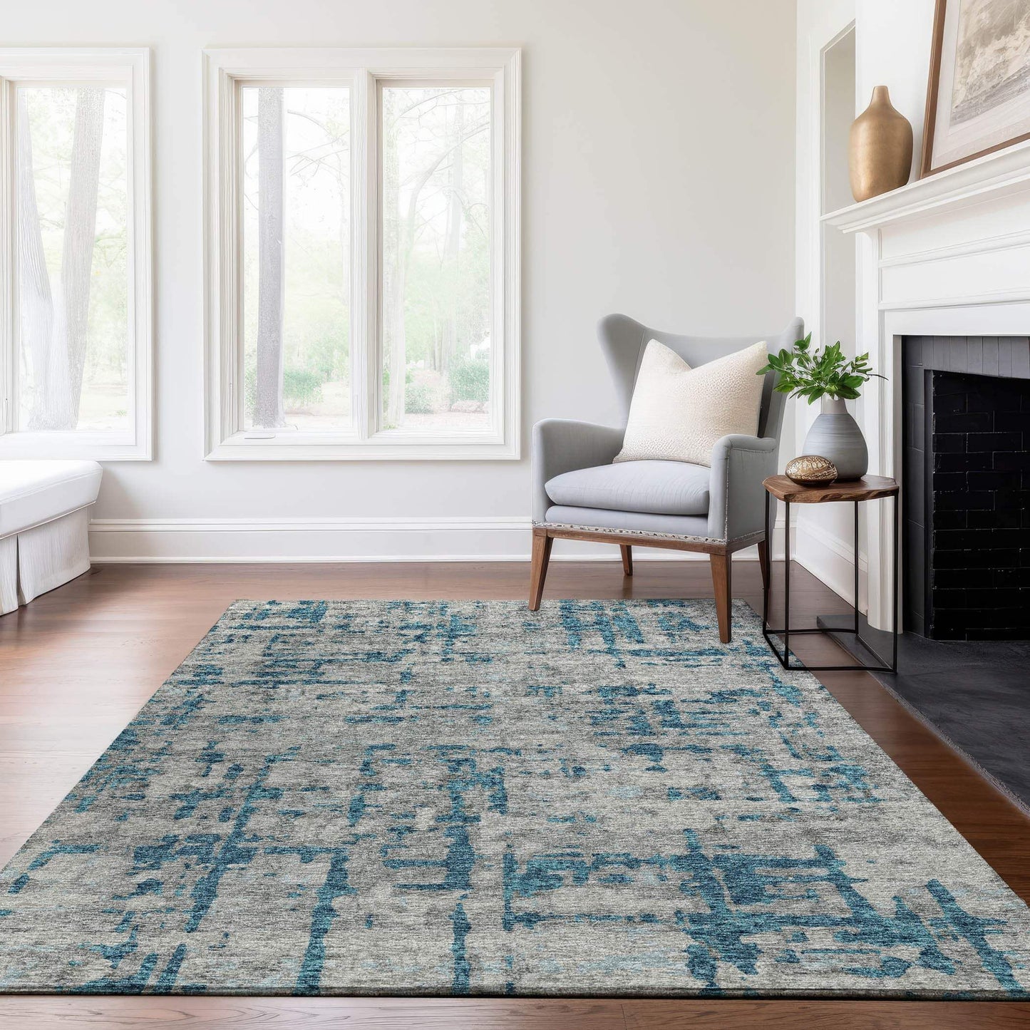 10' X 14' Persian Blue And Gray Abstract Distressed Washable Area Rug With UV Protection - HomeRoots - Flyclothing LLC