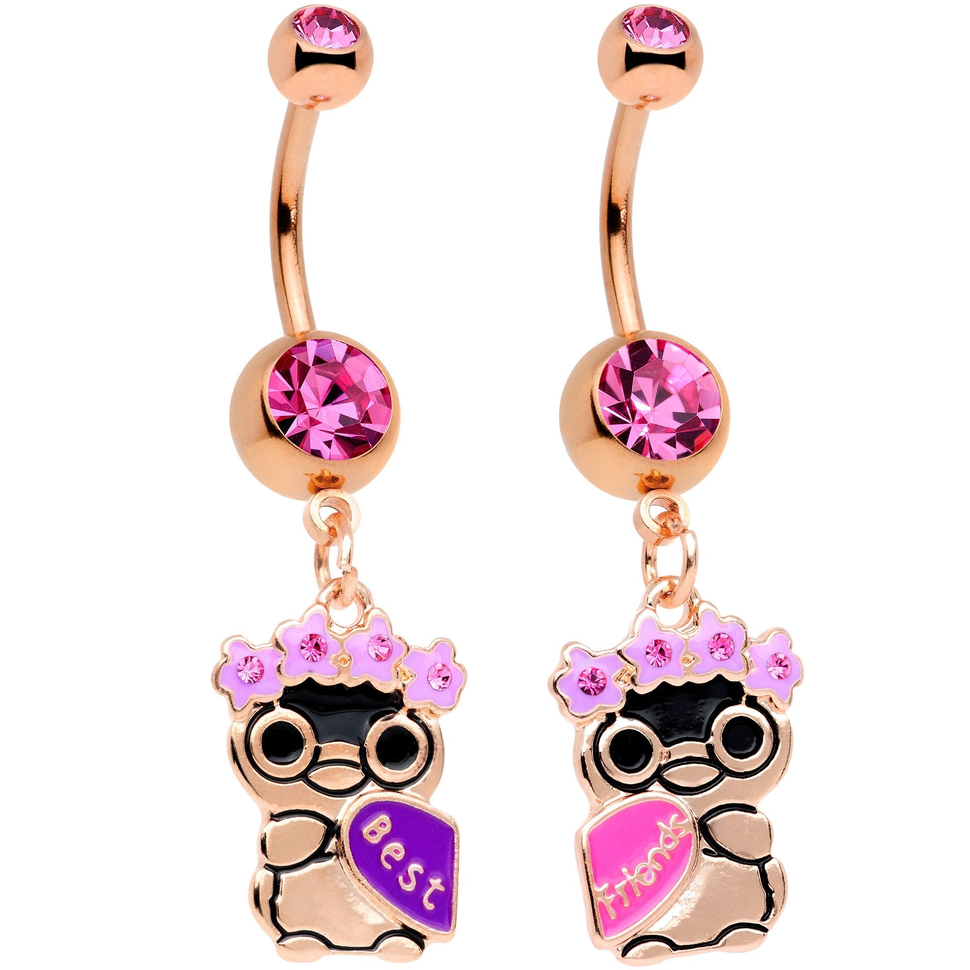 Pink Gem Rose Gold Tone Anodized BFF Penguins Dangle Belly Ring Set - BodyCandy - Flyclothing LLC