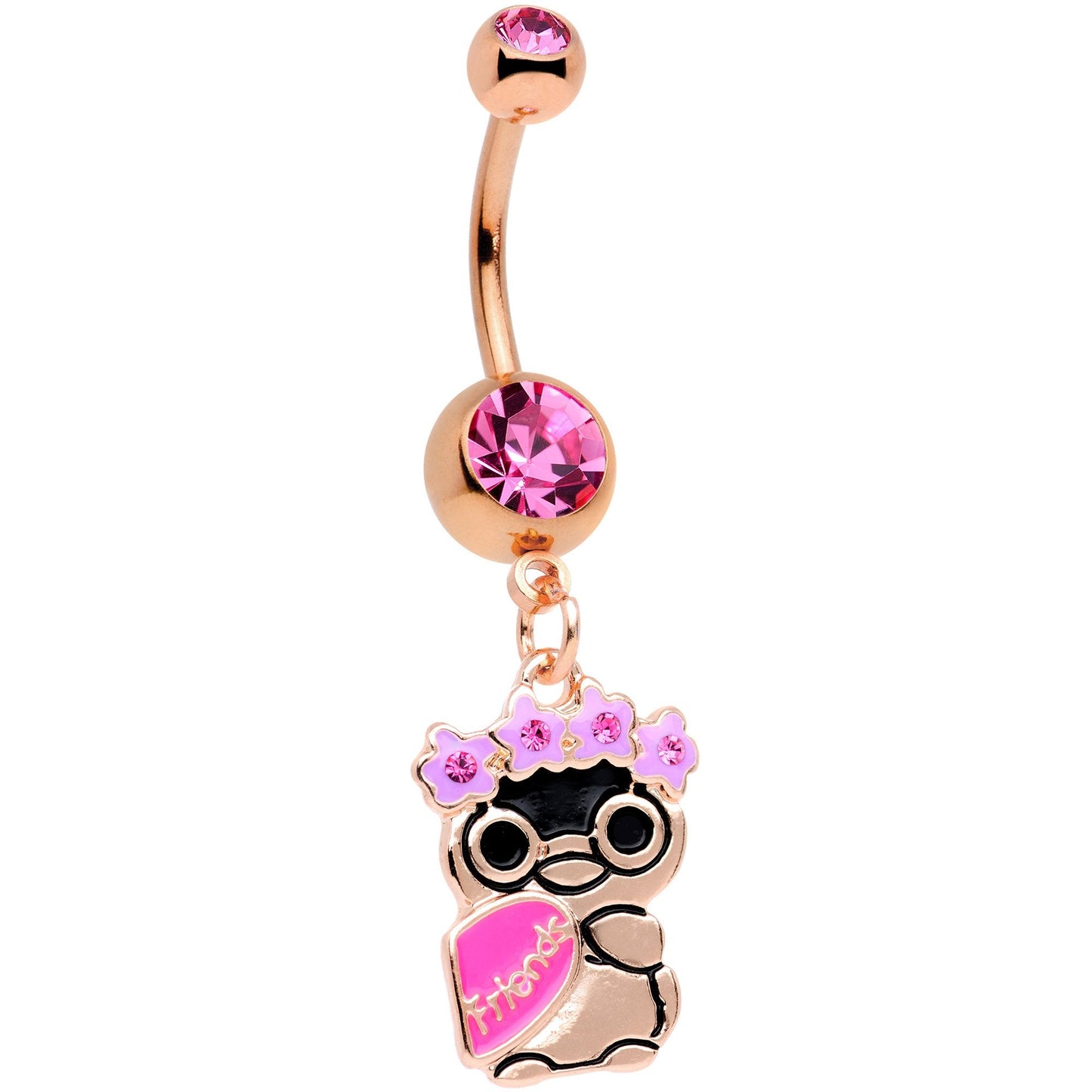 Pink Gem Rose Gold Tone Anodized BFF Penguins Dangle Belly Ring Set - BodyCandy - Flyclothing LLC