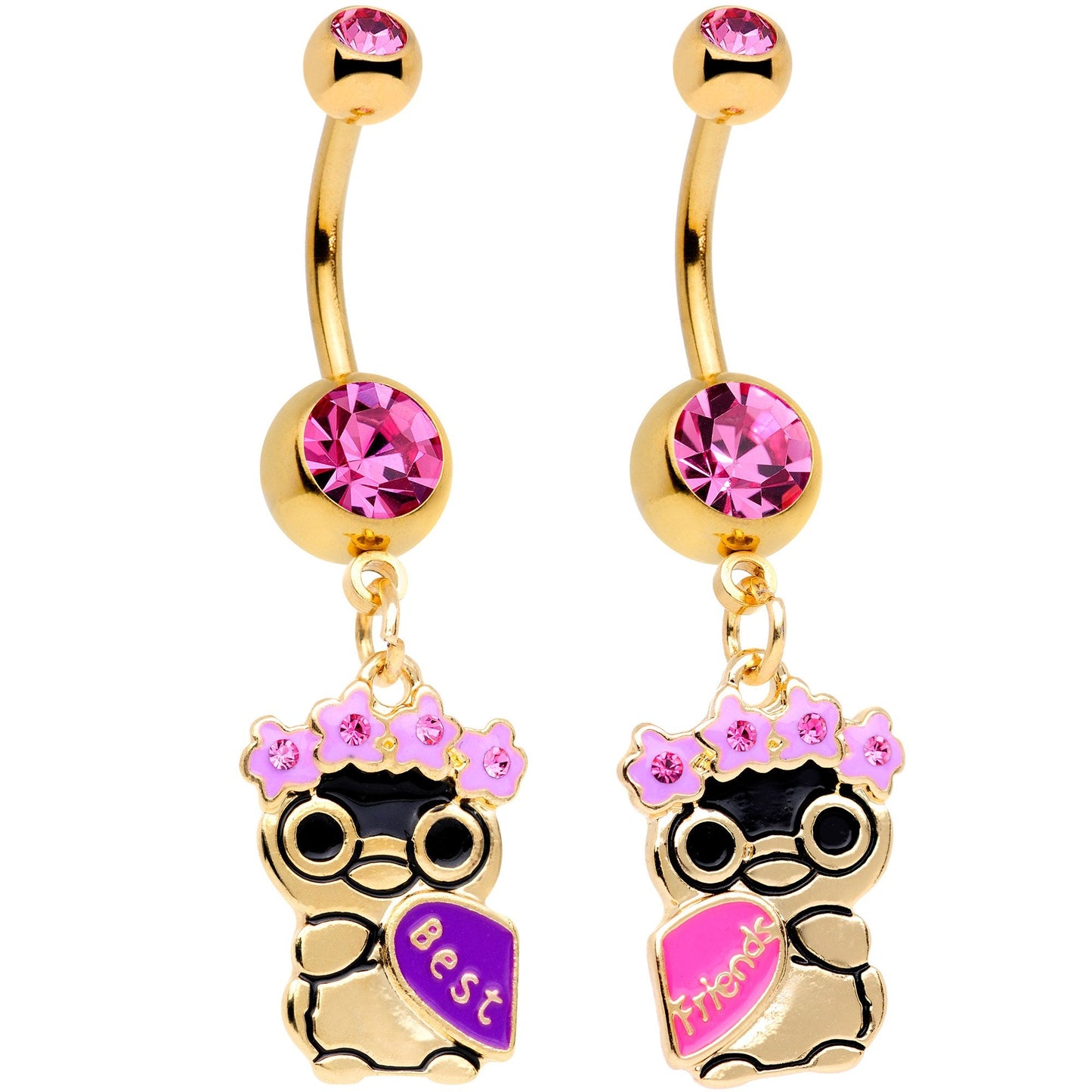Pink Gem Gold Tone Anodized BFF Penguins Dangle Belly Ring Set - BodyCandy - Flyclothing LLC