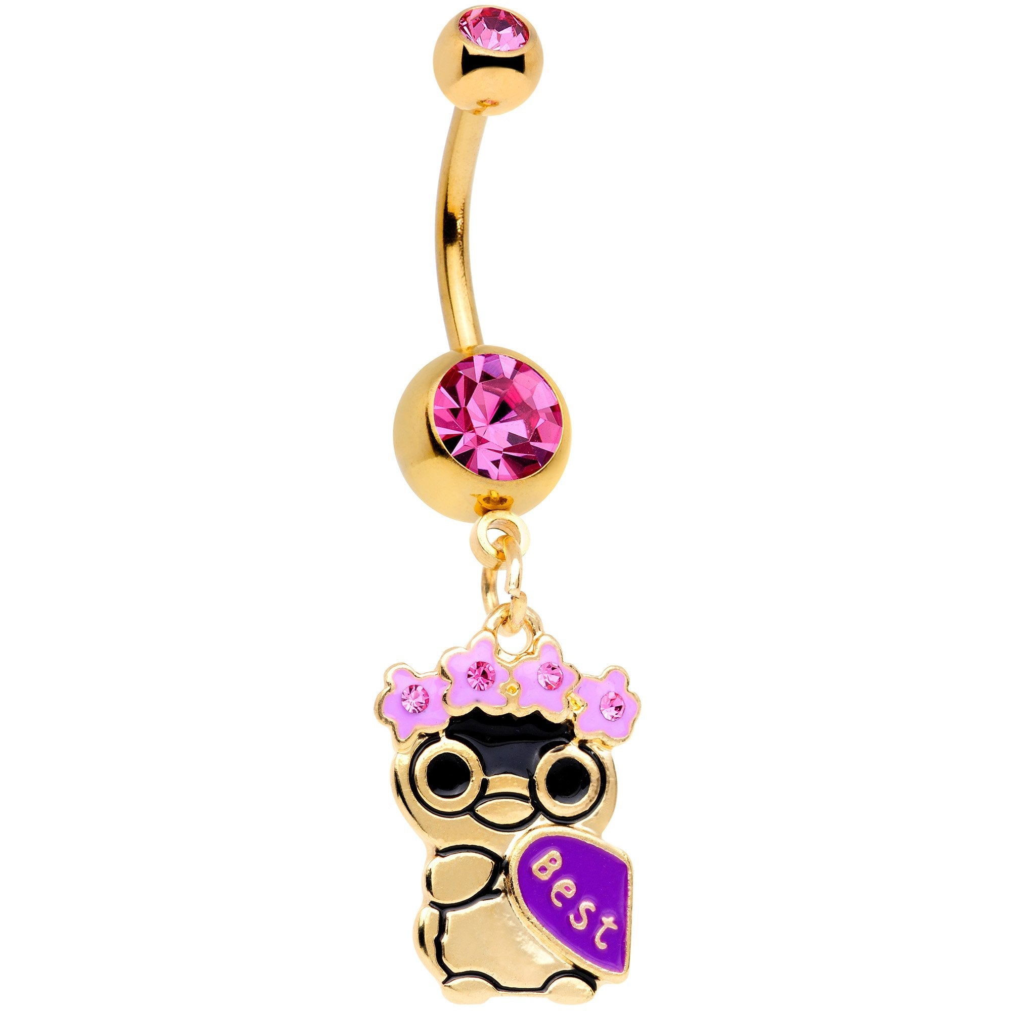 Pink Gem Gold Tone Anodized BFF Penguins Dangle Belly Ring Set - BodyCandy - Flyclothing LLC