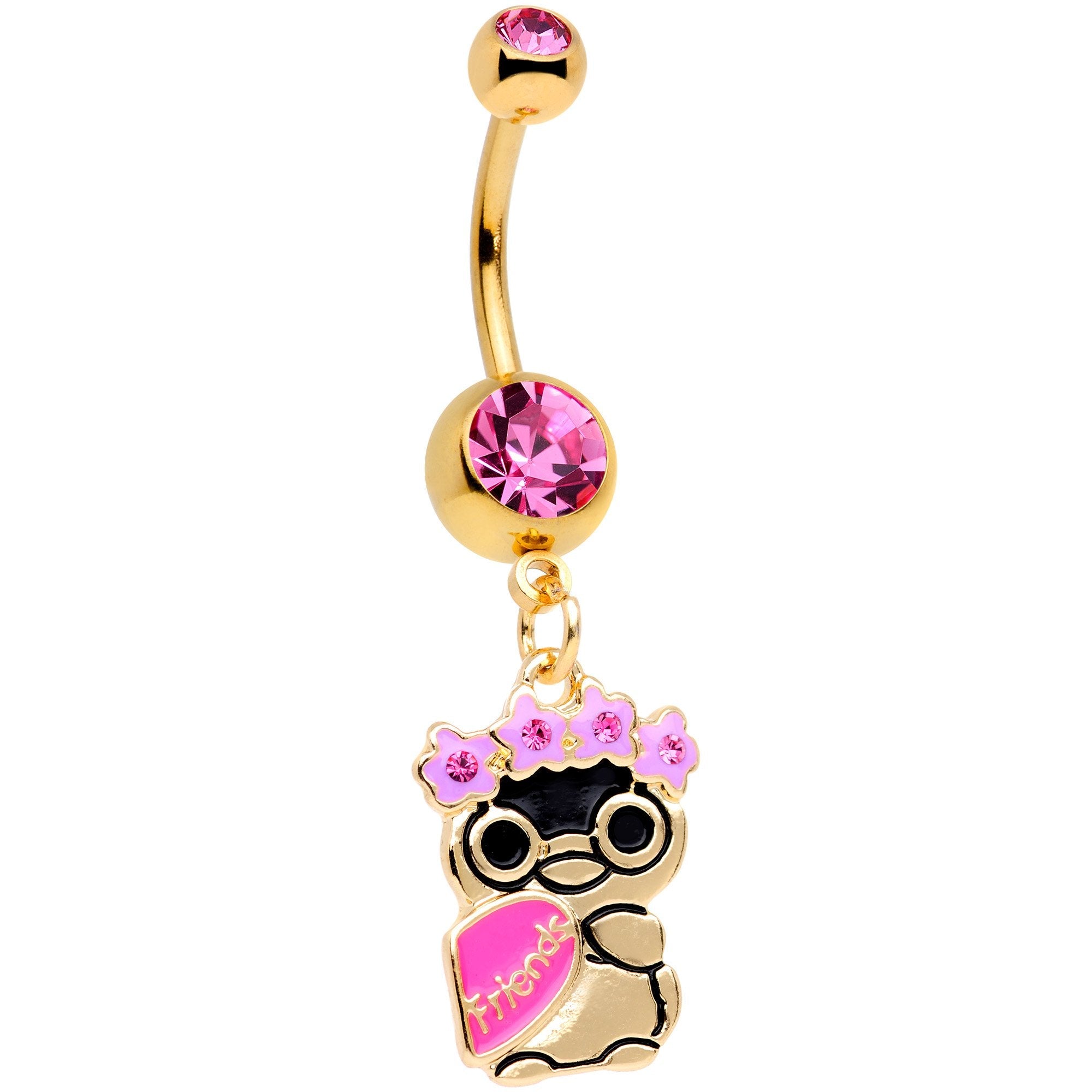 Pink Gem Gold Tone Anodized BFF Penguins Dangle Belly Ring Set - BodyCandy - Flyclothing LLC