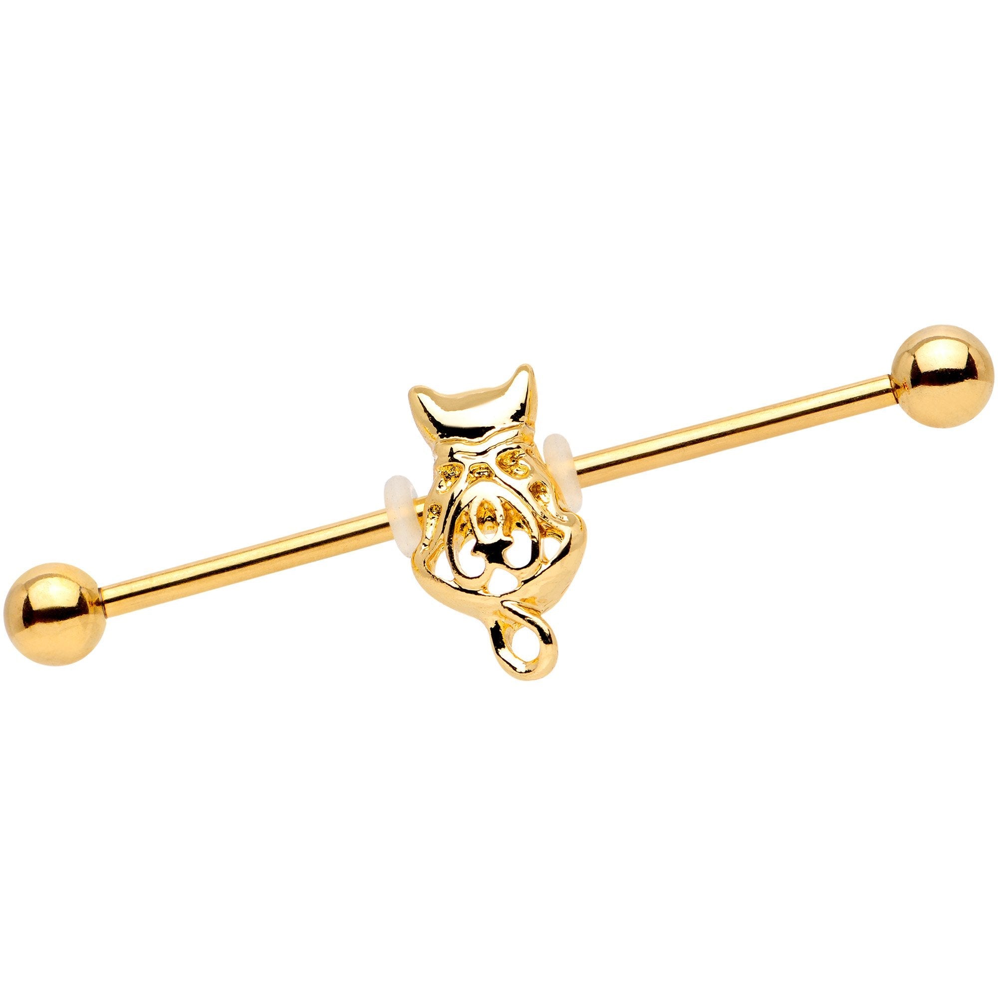 Gold Tone Anodized Luck Be A Kitty Cat Tonight Industrial Barbell 38mm - BodyCandy - Flyclothing LLC