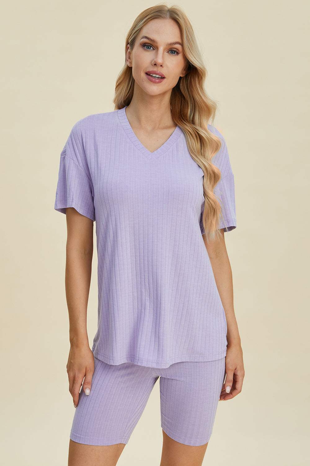 Basic Bae Full Size Ribbed V-Neck Short Sleeve Top and Shorts Set - Trendsi - Flyclothing LLC