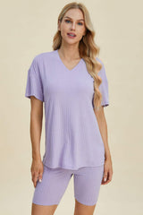 Basic Bae Full Size Ribbed V-Neck Short Sleeve Top and Shorts Set - Trendsi - Flyclothing LLC