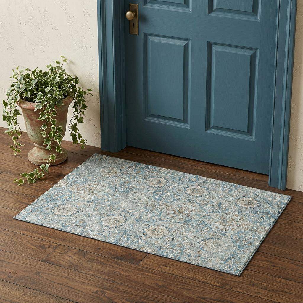 3' X 5' Persian Blue Coffee And Ivory Floral Medallion Distressed Washable Area Rug With UV Protection - HomeRoots - Flyclothing LLC