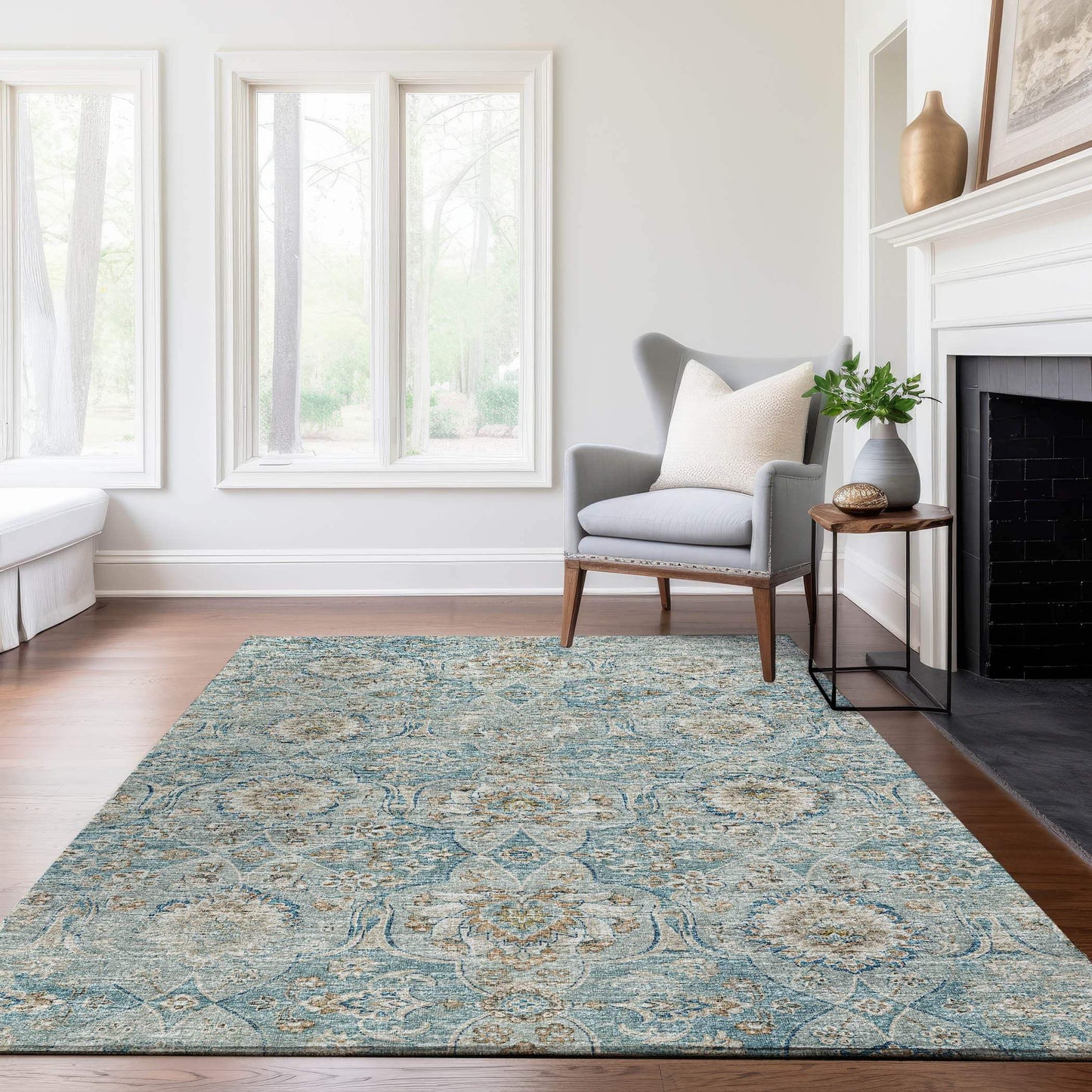 3' X 5' Persian Blue Coffee And Ivory Floral Medallion Distressed Washable Area Rug With UV Protection - HomeRoots - Flyclothing LLC