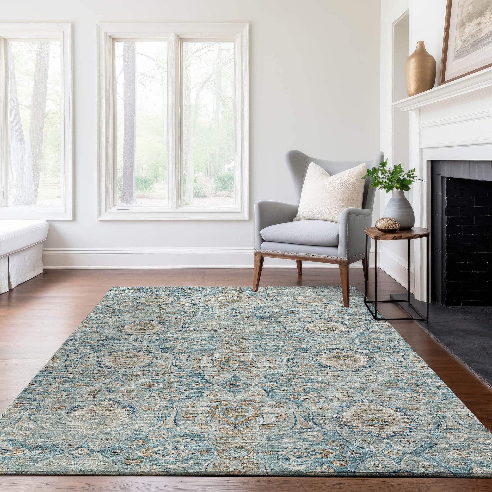 3' X 5' Persian Blue Coffee And Ivory Floral Medallion Distressed Washable Area Rug With UV Protection - HomeRoots - Flyclothing LLC