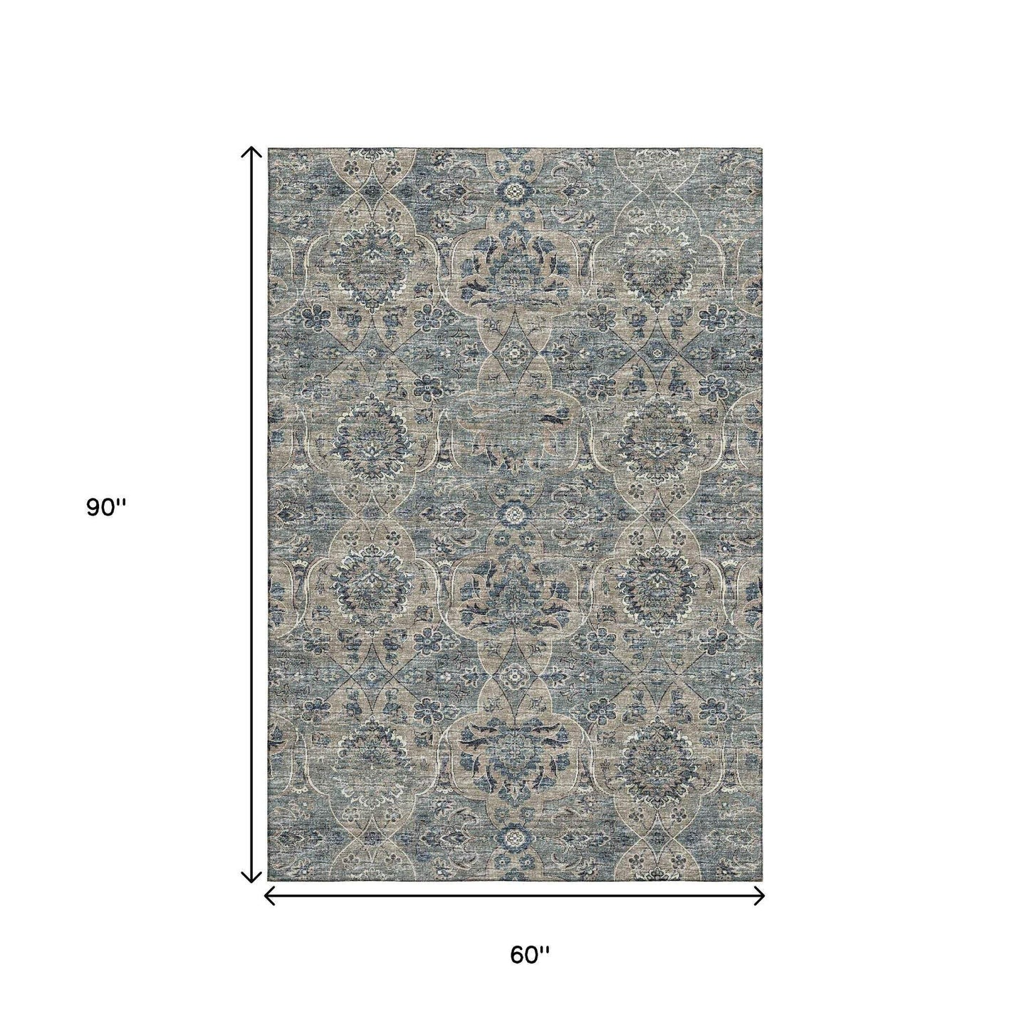 5' X 8' Denim Blue And Gray Floral Medallion Distressed Washable Area Rug With UV Protection - HomeRoots - Flyclothing LLC