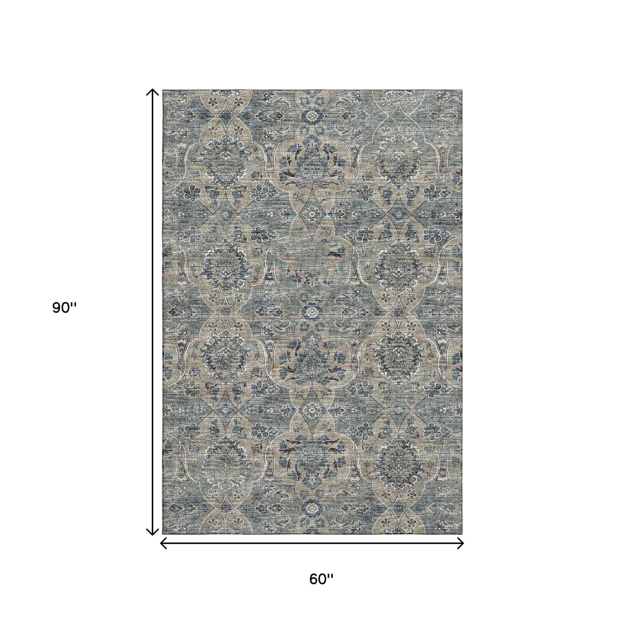 5' X 8' Denim Blue And Gray Floral Medallion Distressed Washable Area Rug With UV Protection - HomeRoots - Flyclothing LLC