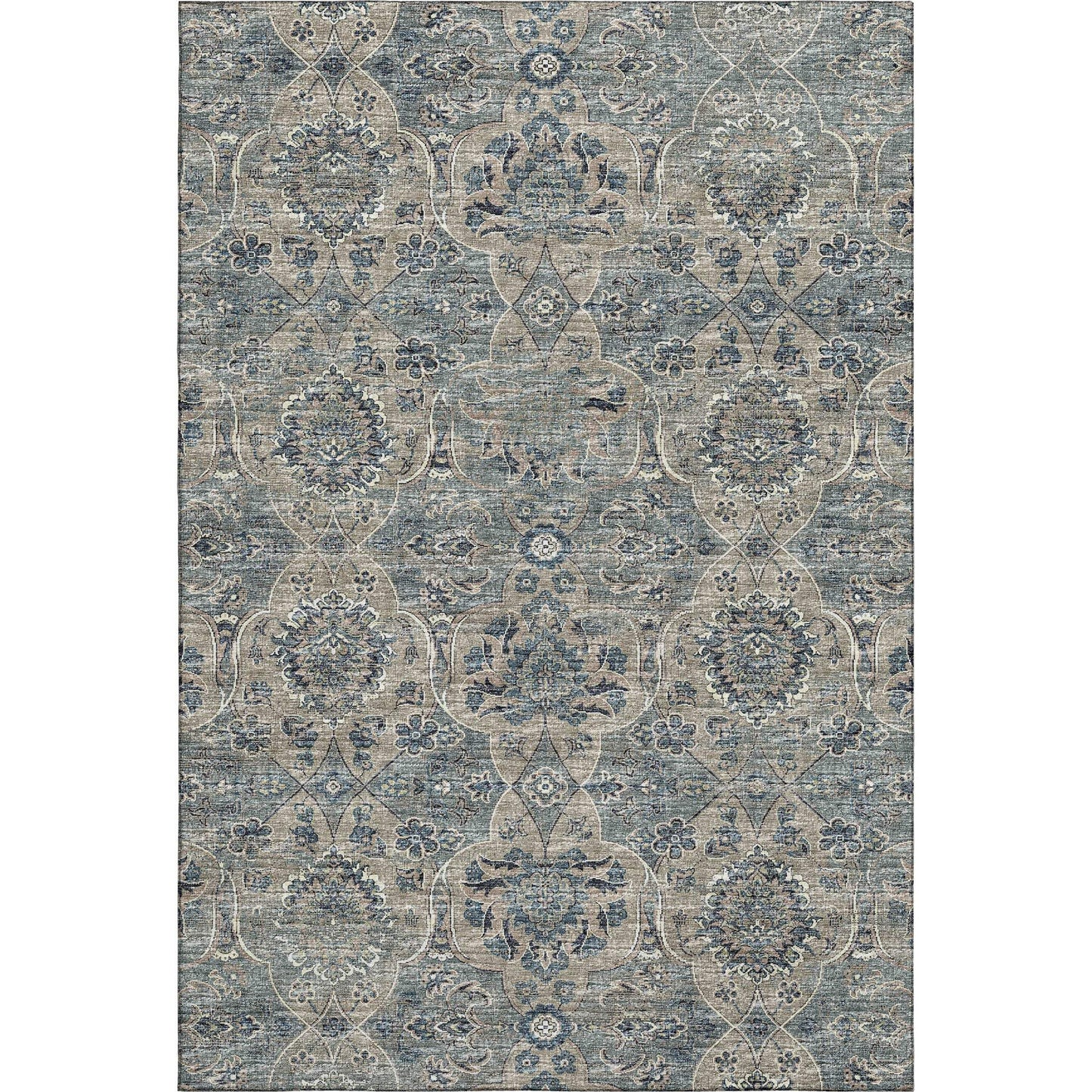 5' X 8' Denim Blue And Gray Floral Medallion Distressed Washable Area Rug With UV Protection - HomeRoots - Flyclothing LLC