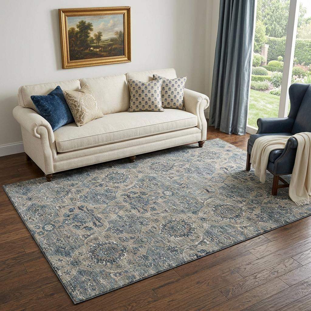 5' X 8' Denim Blue And Gray Floral Medallion Distressed Washable Area Rug With UV Protection - HomeRoots - Flyclothing LLC